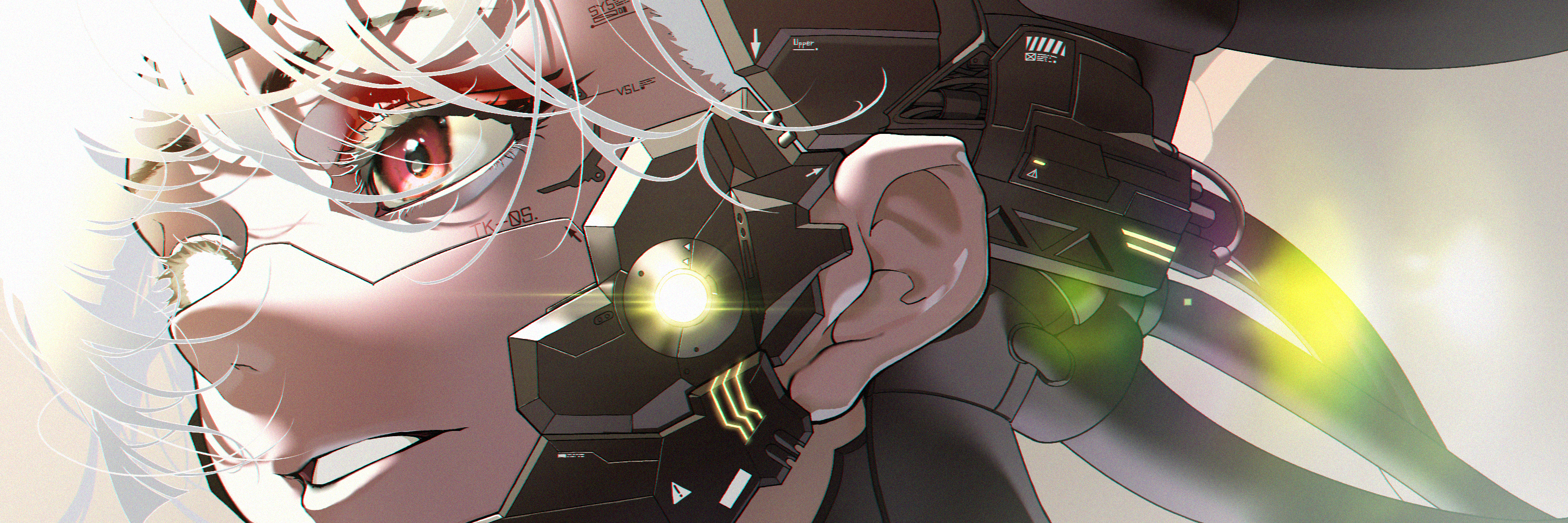 Digital Art Artwork Illustration Women Anime Cyborg Closeup Robot White Hair Tech Heterochromia Anim 3000x1000
