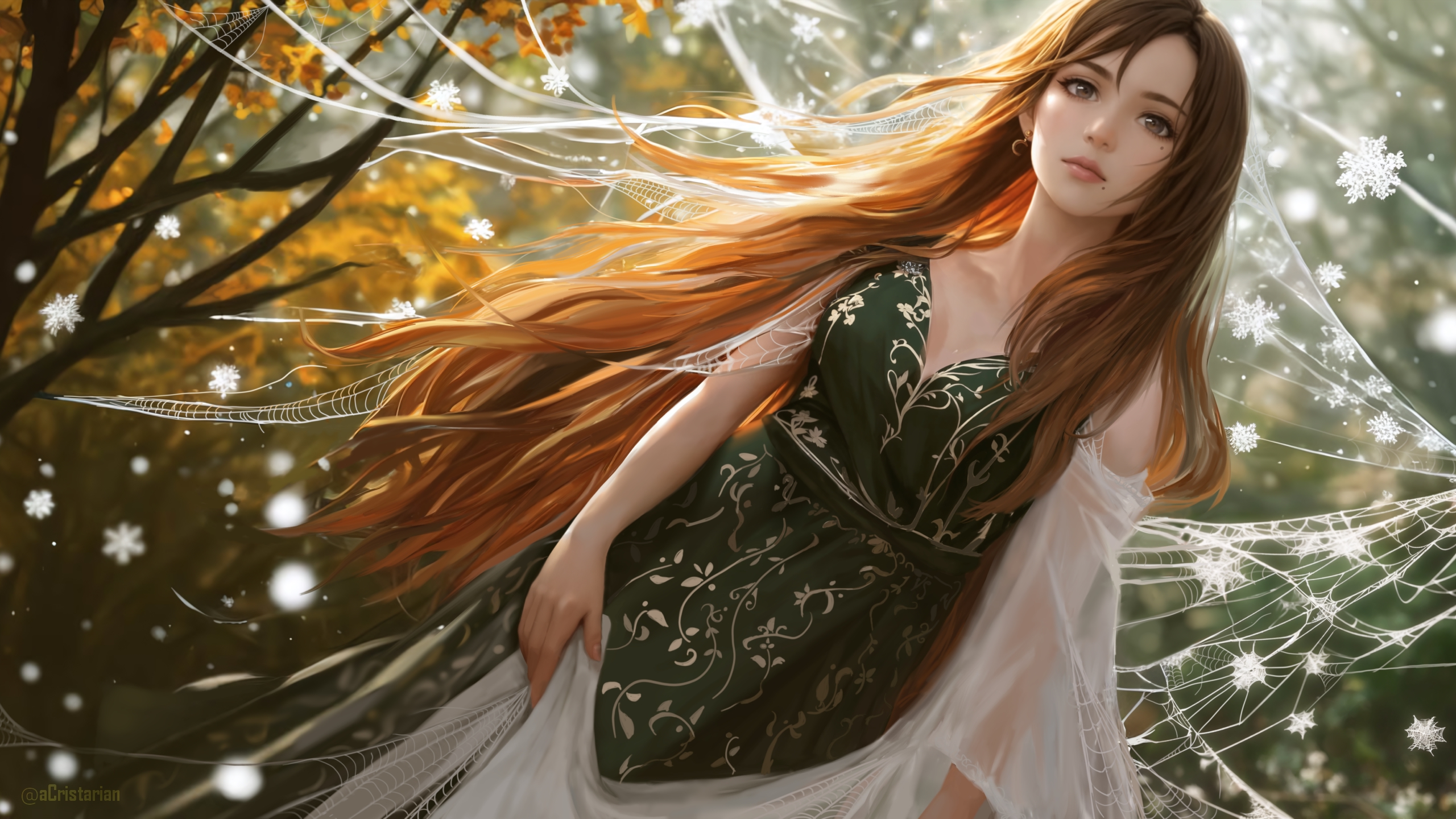 Green Spiderwebs Nature Long Hair Brunette Trees Green Dress Moles Ice Crystals 2560x1440