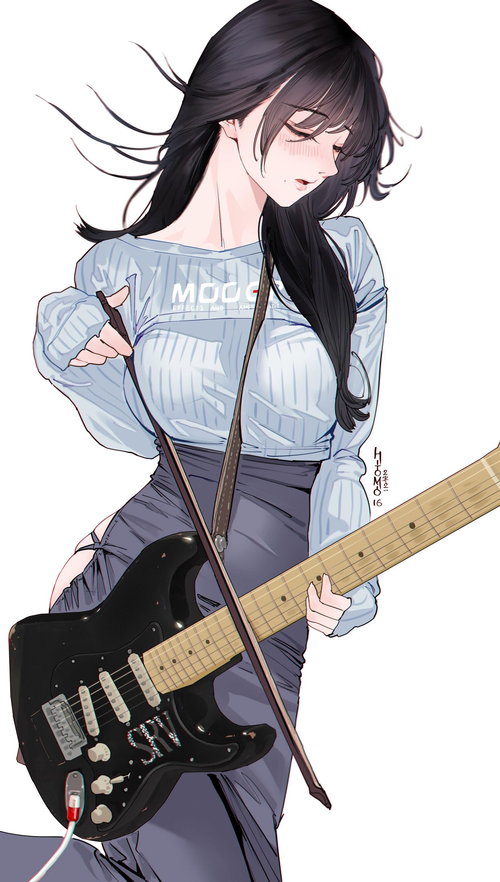 Music Player Long Hair Asia Fit Body Anime Girls Closed Eyes Guitar Musical Instrument Portrait Disp 1702x3000