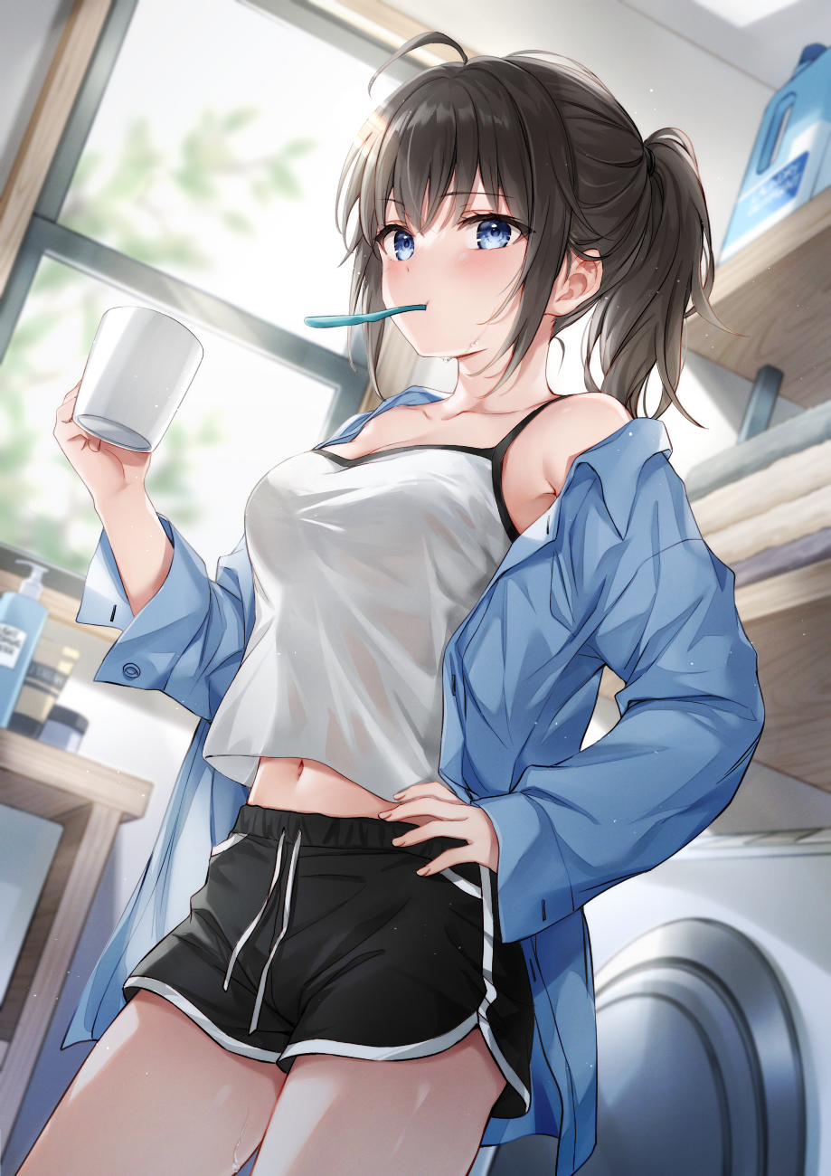 Anime Anime Girls Short Shorts Blushing Cup Toothbrush Ponytail Brunette Blue Eyes Portrait Display  919x1300