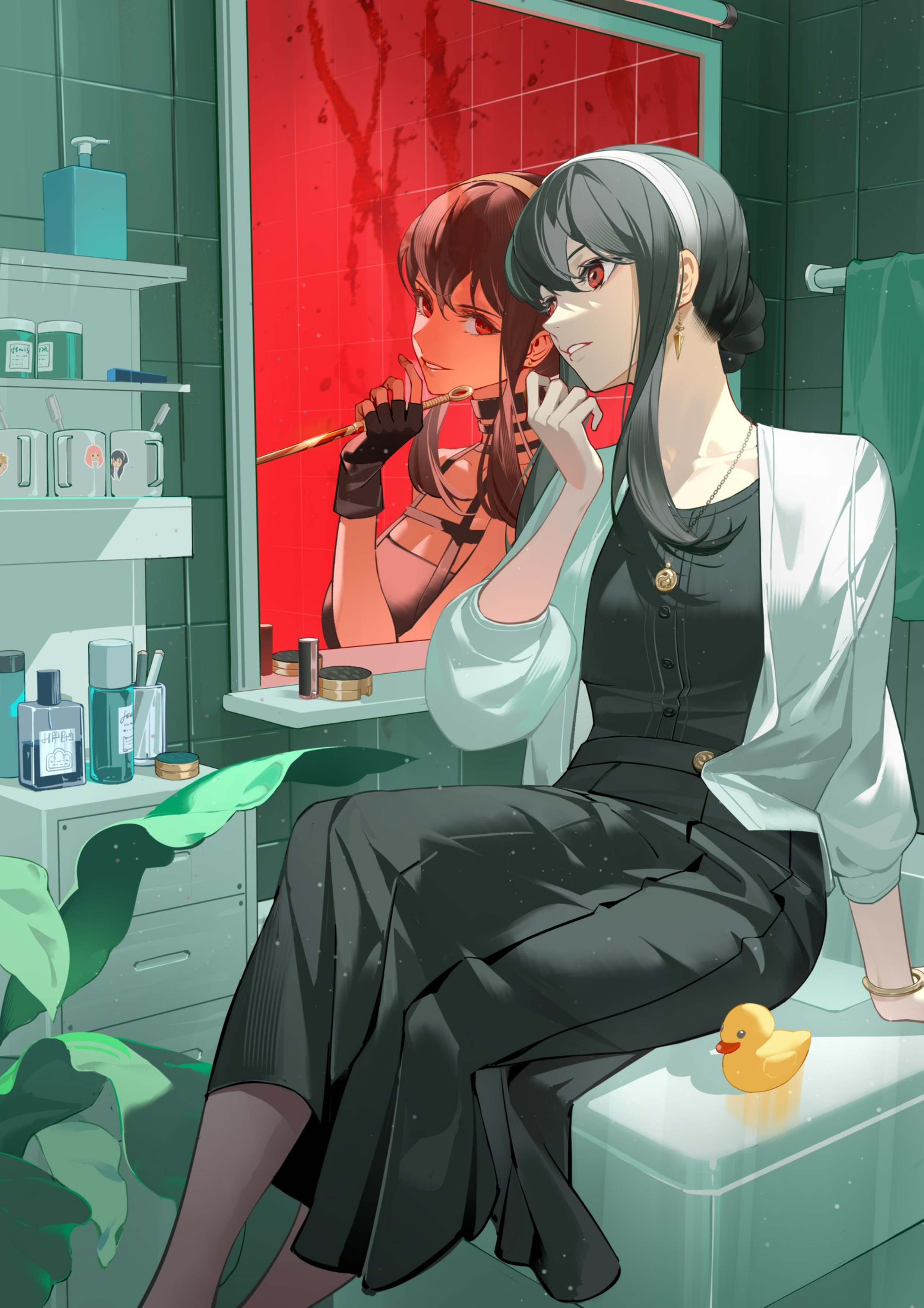 Anime Anime Girls Mirror Reflection Spy X Family Yor Forger Rubber Ducks Necklace Bathroom Vertical 2480x3508
