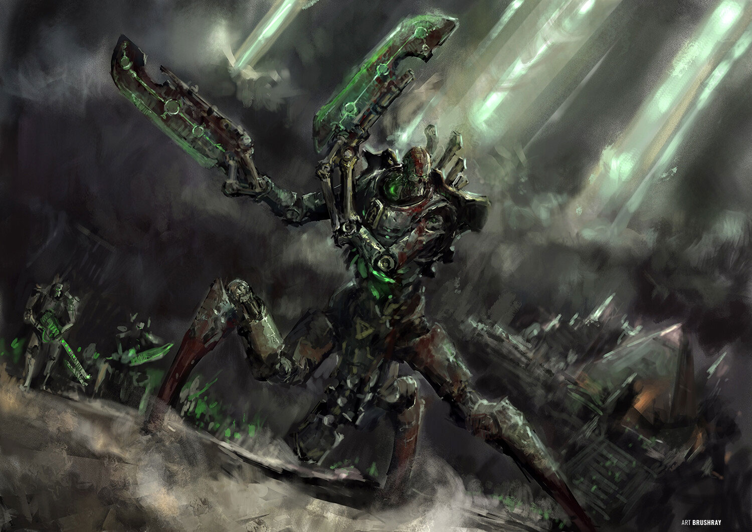 Green Green Eyes Necrons Science Fiction High Tech Clouds Artwork Dust Gun Sword Phase Swords Warham 1500x1061