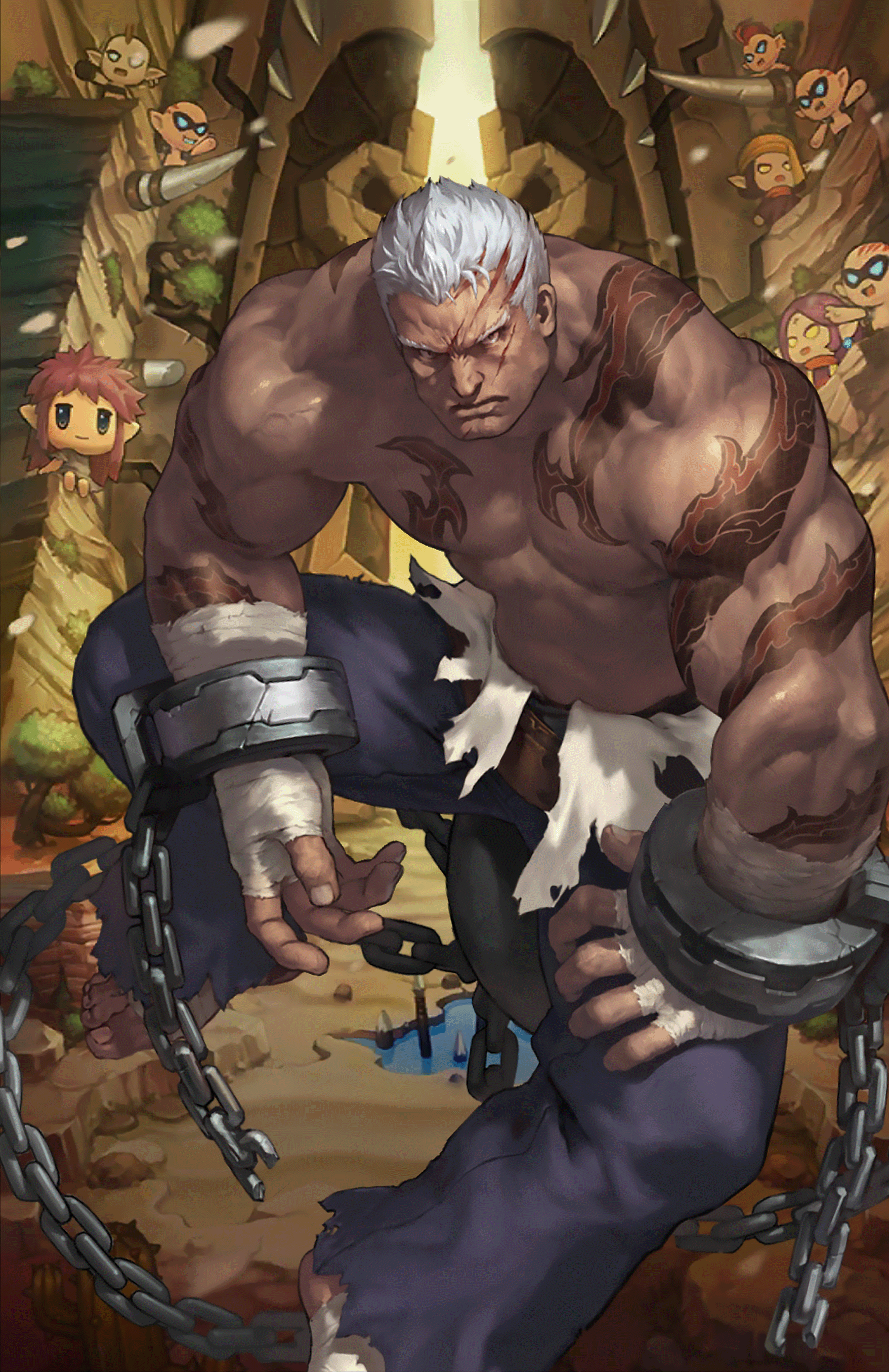 Guardian Tales Marvin Guardian Tales Brawler Tattoo White Hair Muscles Scars 1799x2778