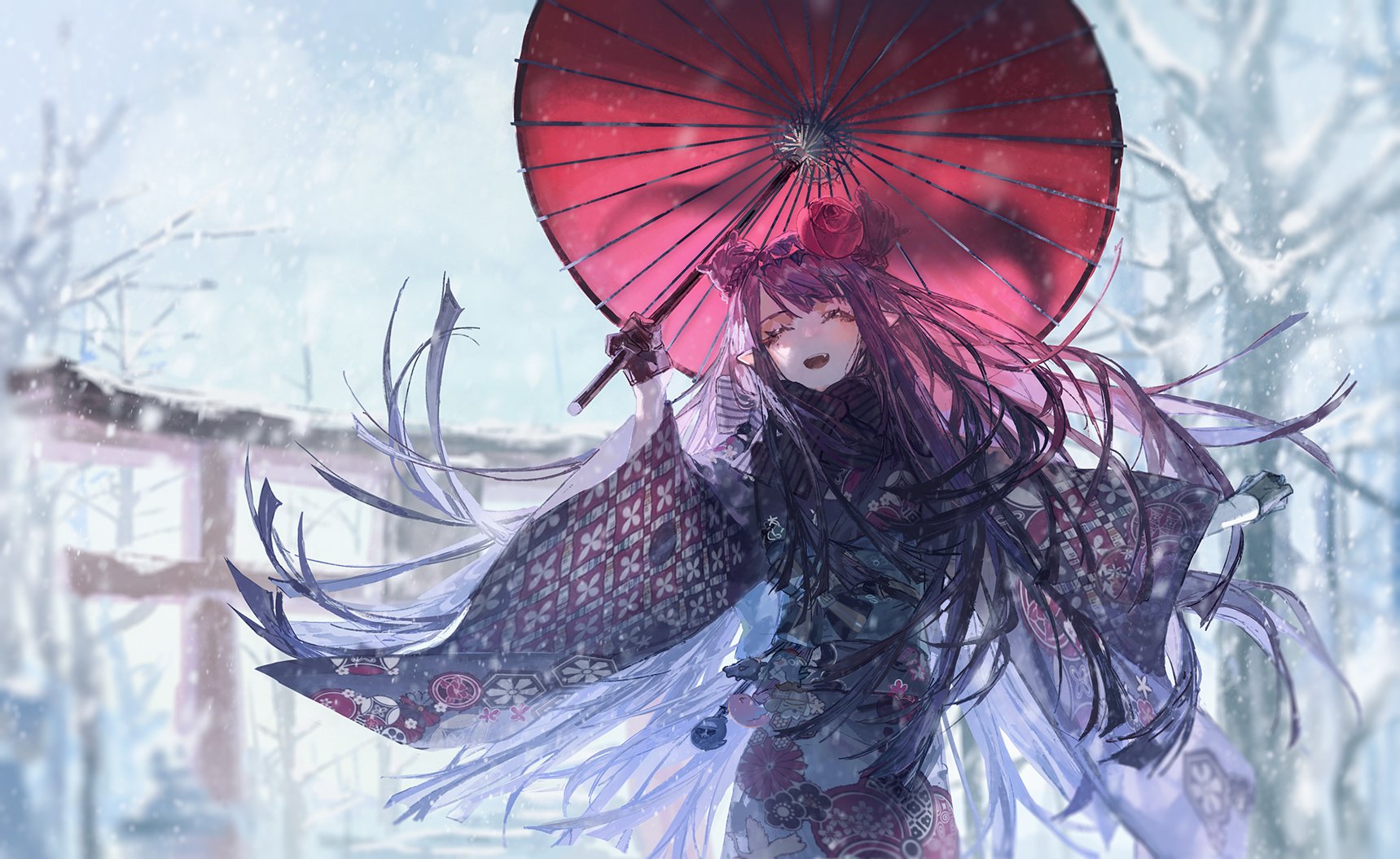 Hololive Hololive English Ninomae Inanis Snow Torii Umbrella Kimono Virtual Youtuber Flower In Hair  1719x1055