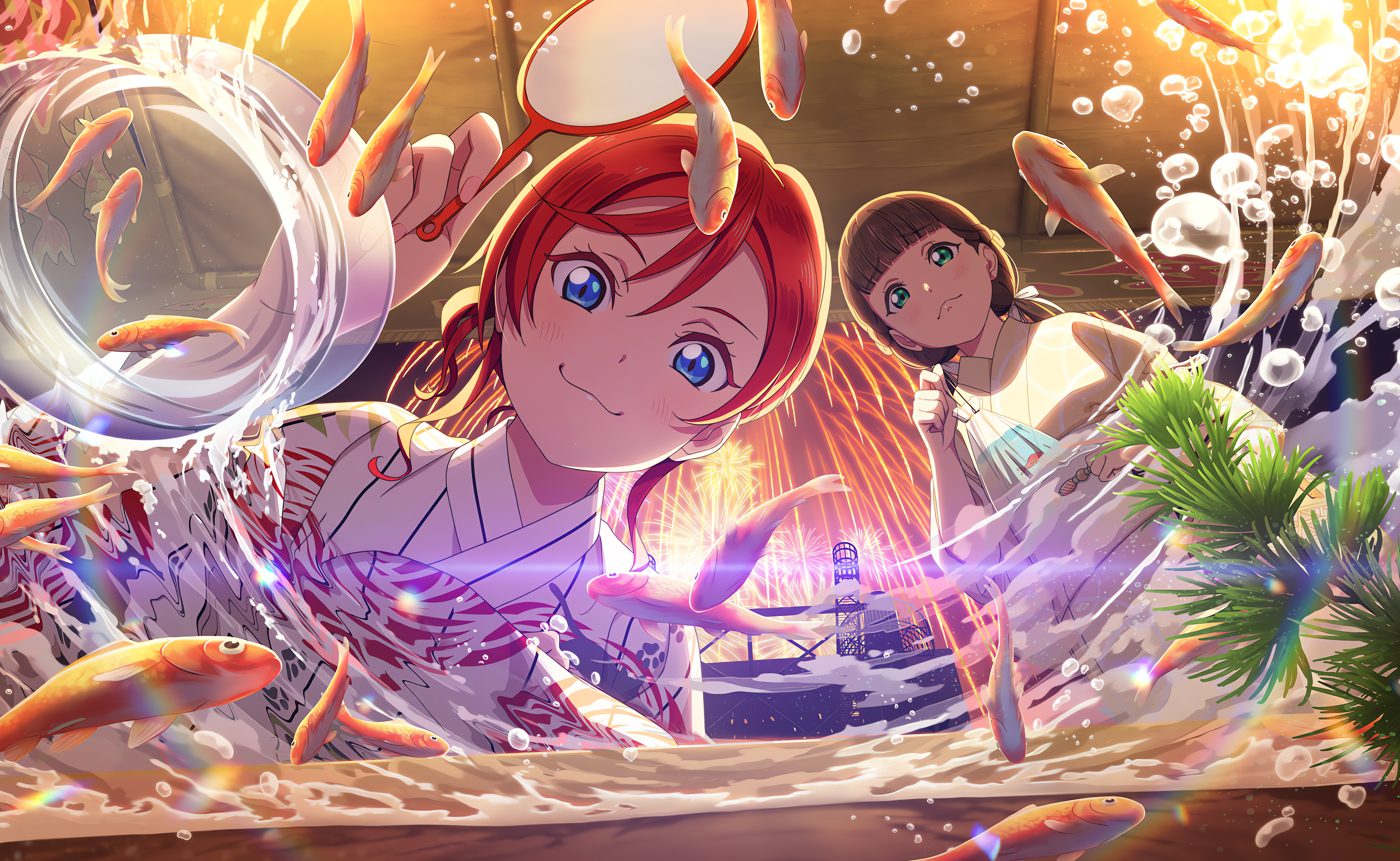 Love Live Love Live Super Star Looking At Viewer Fish Worms Eye View Water Kimono Looking Below Fire 4096x2520