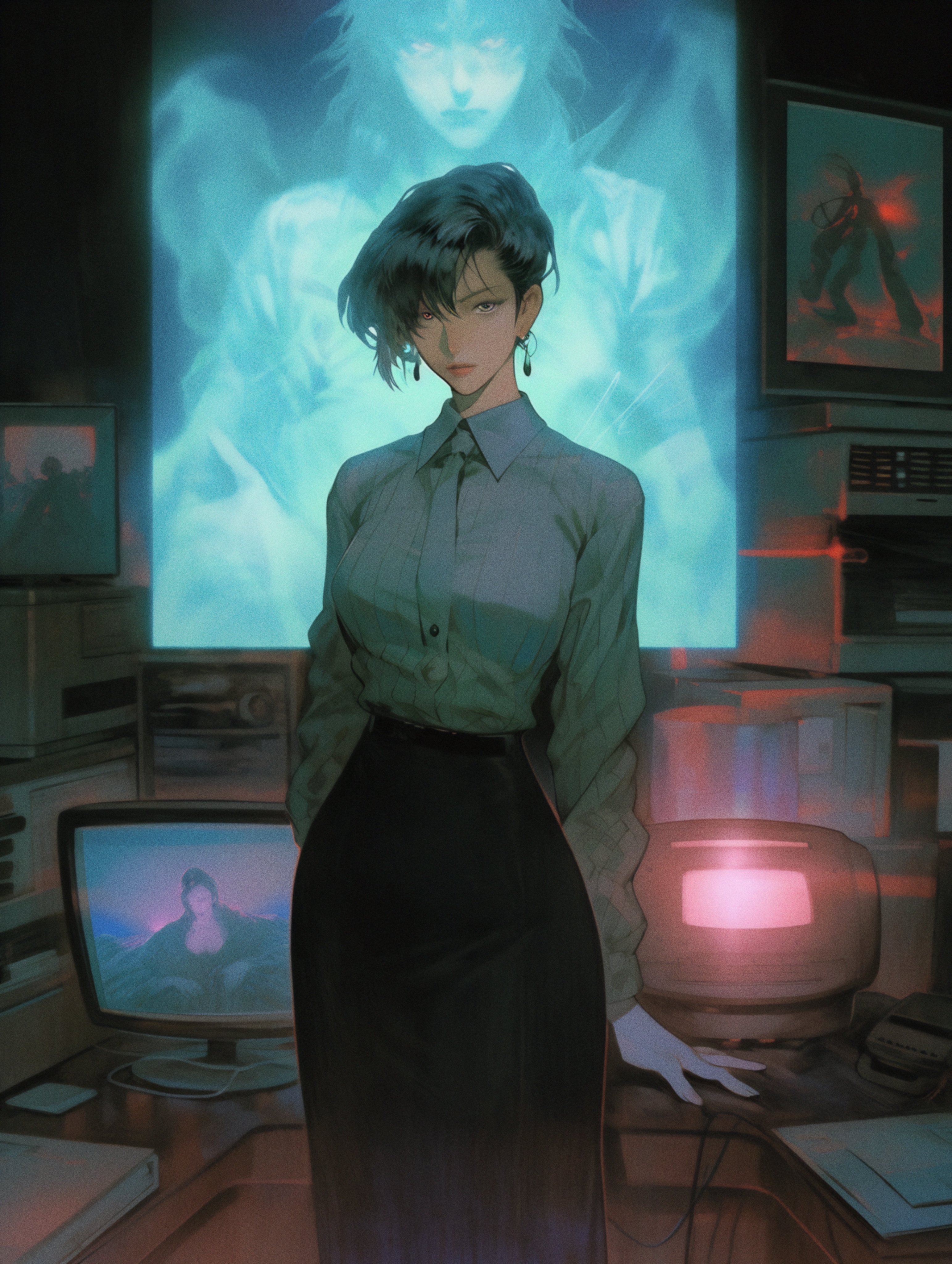 Axynchro Retro Style Anime Girls Portrait Display Standing Technology Looking At Viewer Short Hair 3086x4096