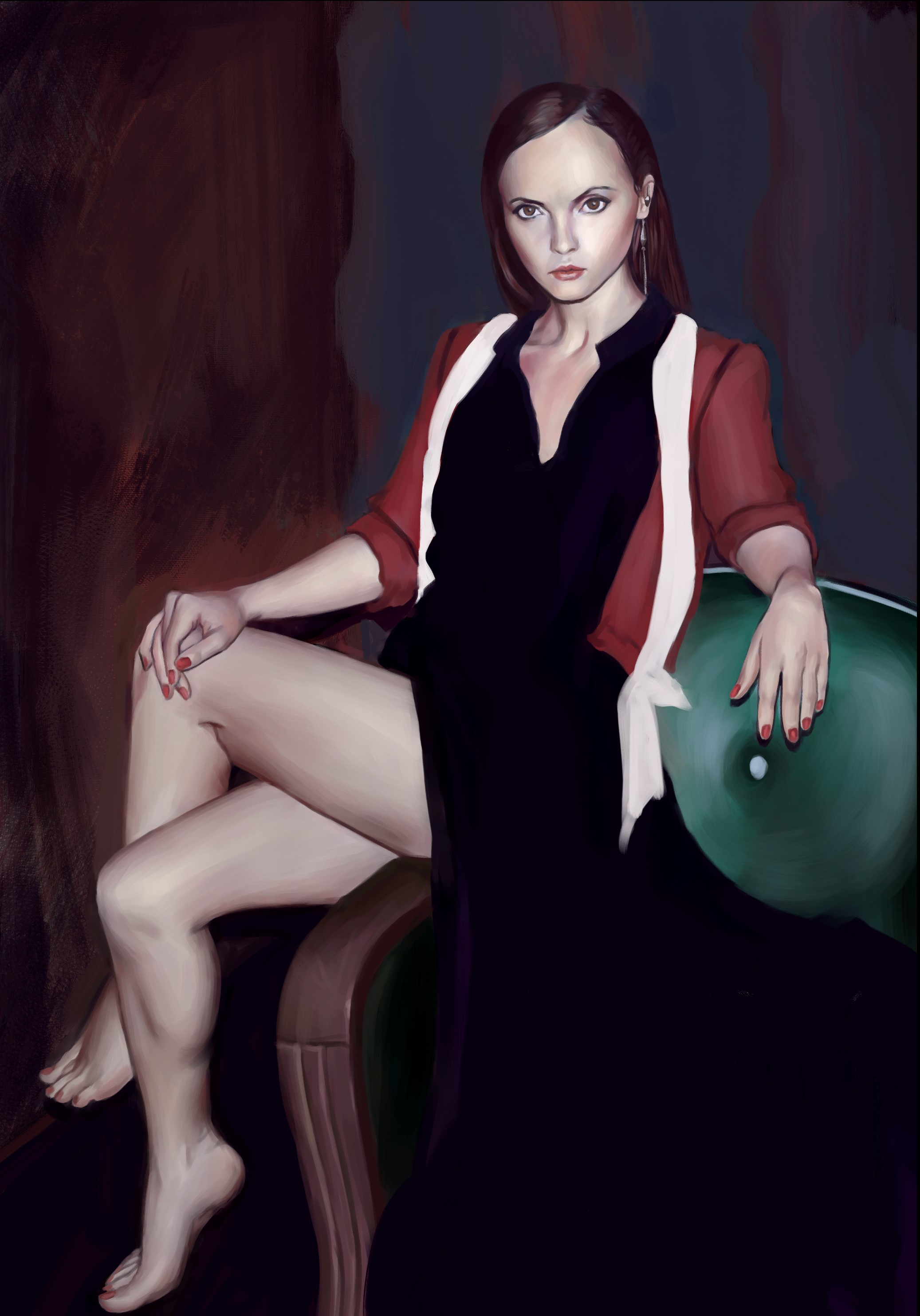 Christina Ricci Artwork Women Actress Sitting Legs Barefoot Red Nails Painted Nails Looking At Viewe 2074x2968