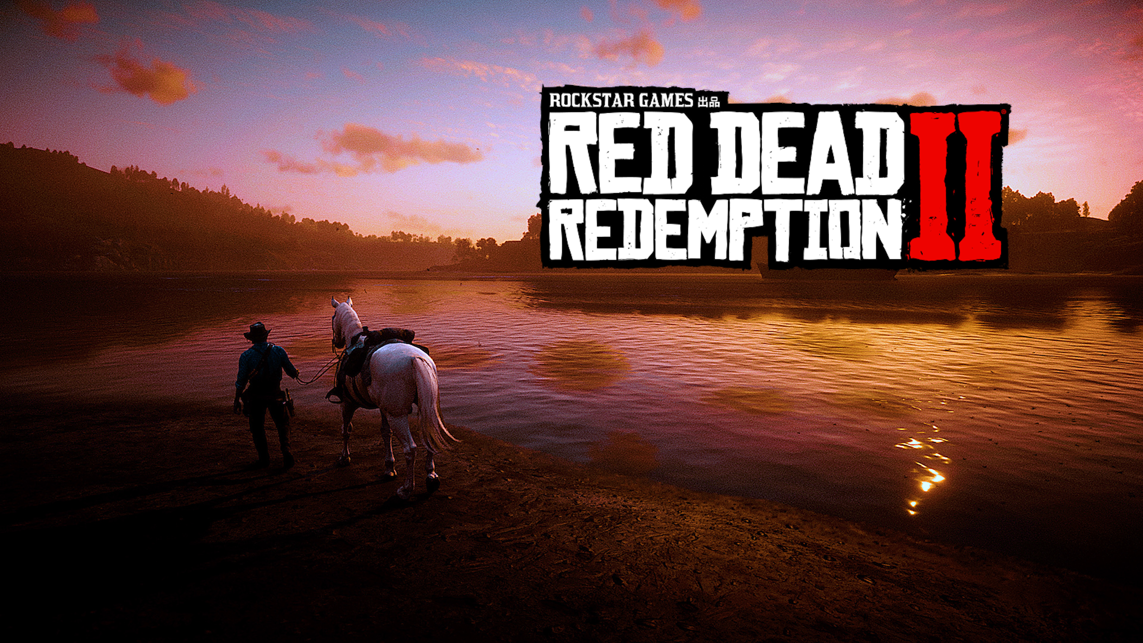 Red Dead Redemption 2 Landscape Video Games Digital Art Logo Horse Water Sunset Sunset Glow Clouds C 3840x2160