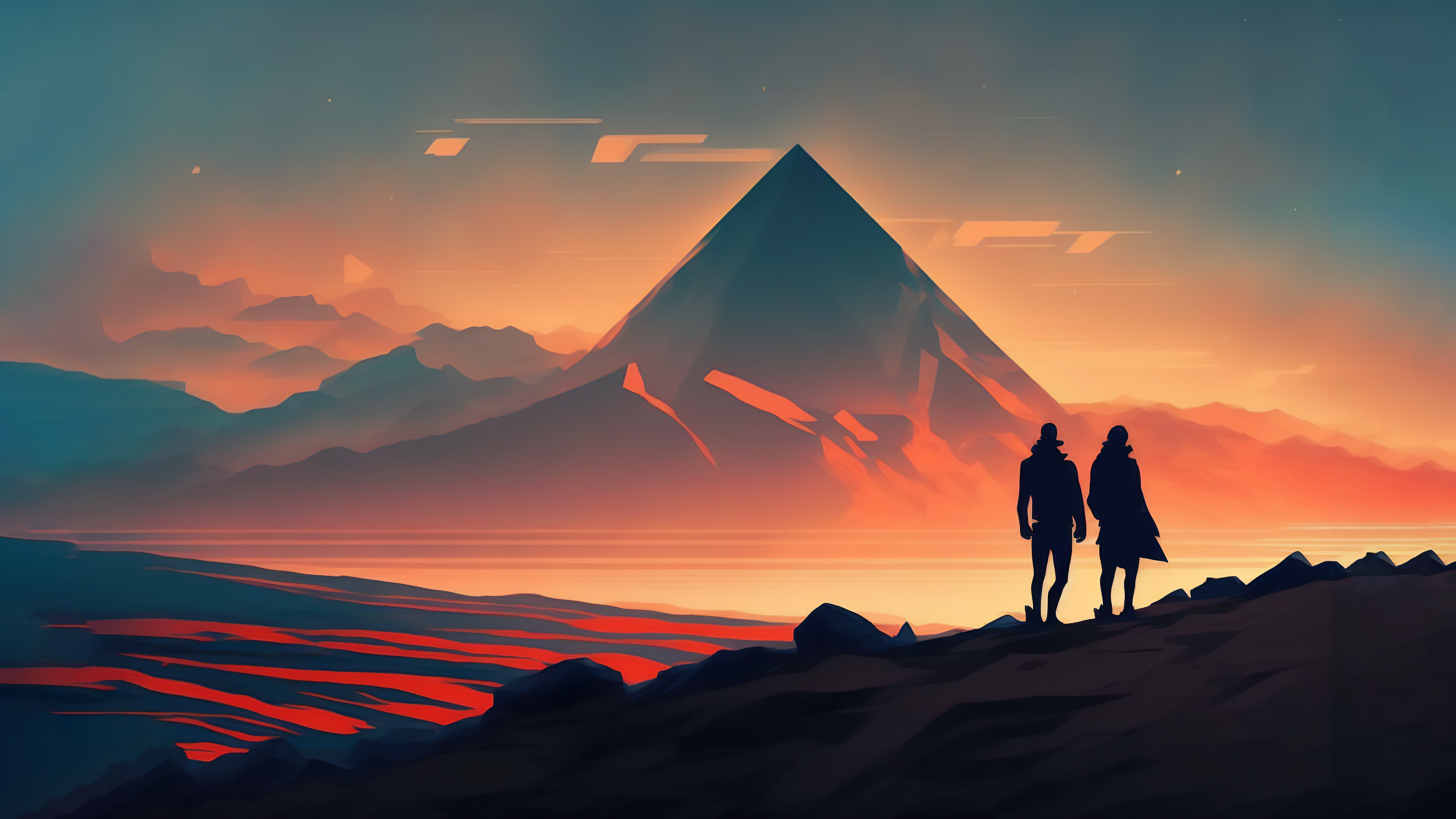 Science Fiction Ai Art Mountains Illustration Pyramid Couple Sunset Exploring 3640x2048