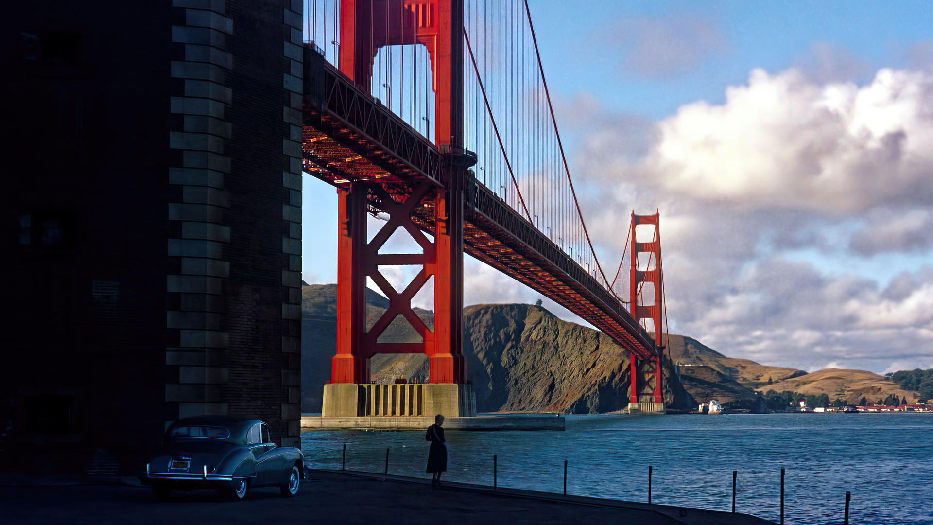Vertigo Movies Film Stills Bridge Golden Gate Bridge San Francisco Clouds Sky Water Old Car 1920x1080