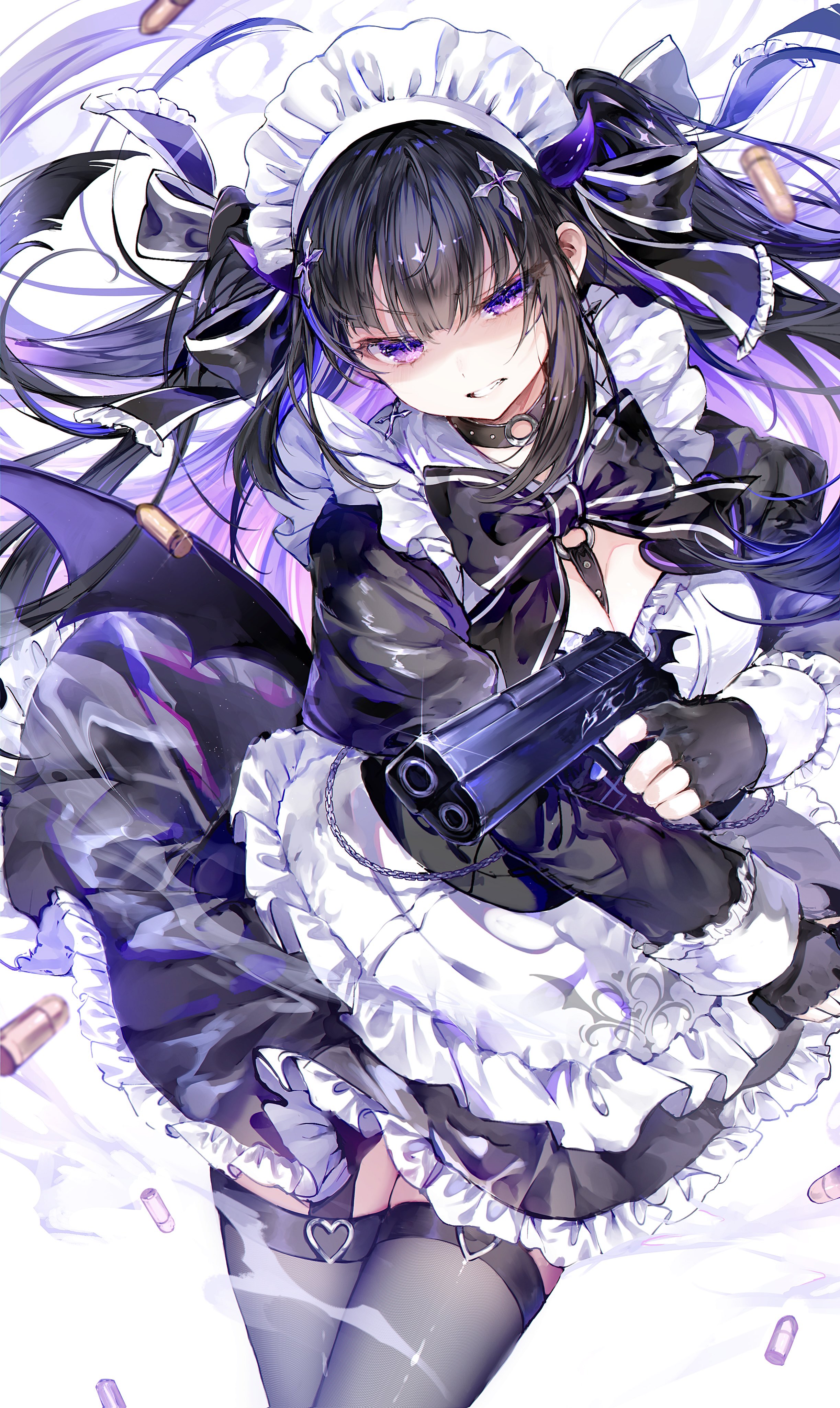 Anime Anime Girls Gun Maid Maid Outfit Long Hair Two Tone Hair Purple Eyes Horns Ammunition Wings De 2445x4096
