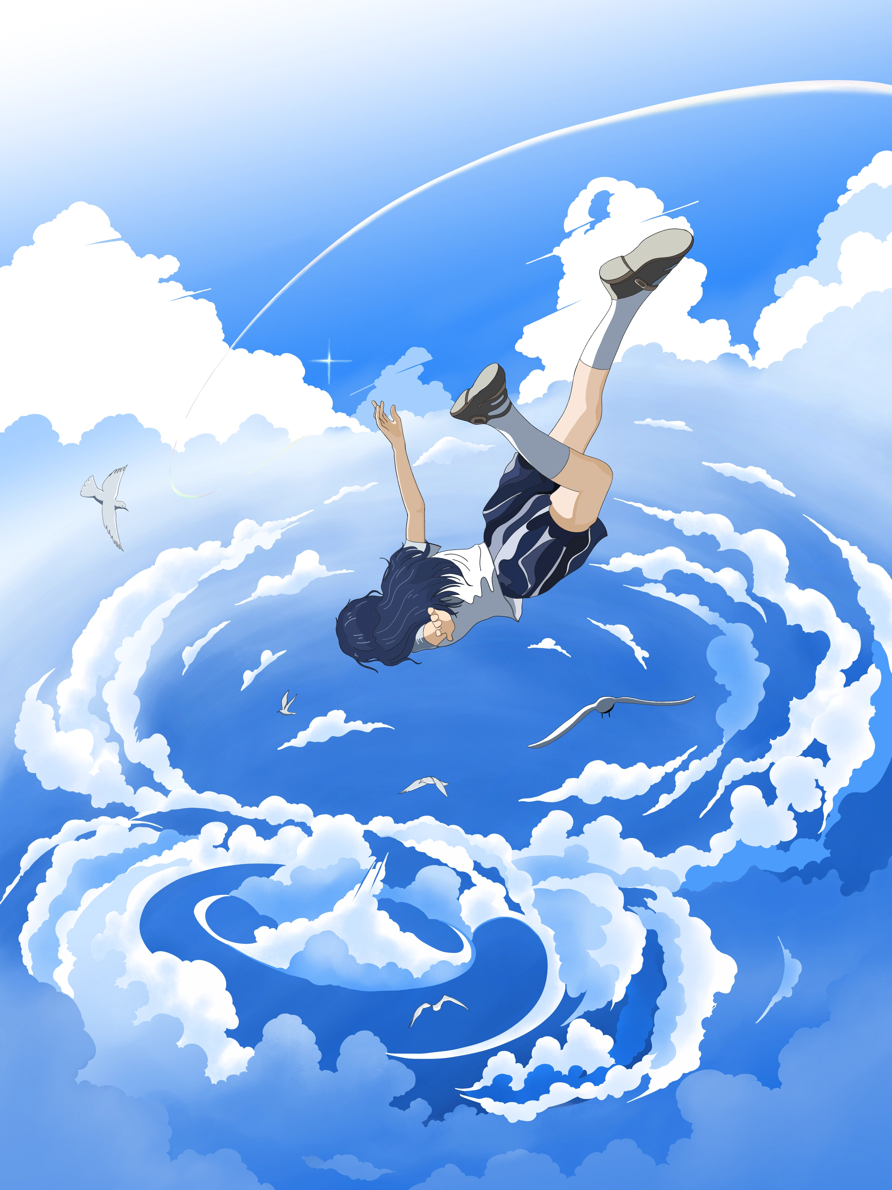 Digital Art Artwork Illustration Falling Blue Sky Clouds School Uniform Birds Long Hair Blue Hair Sc 3000x4000