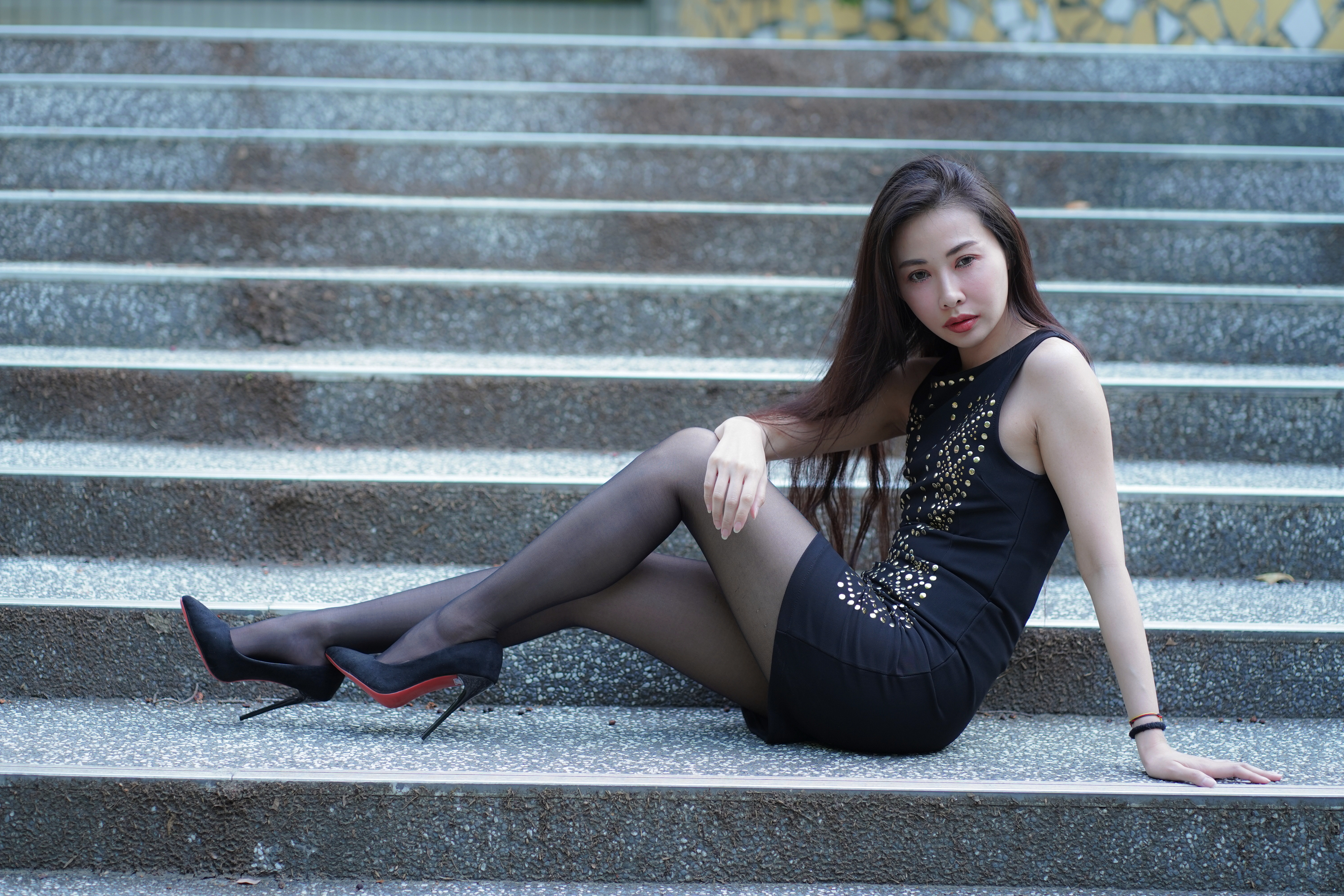 Asian Model Women Long Hair Dark Hair Sitting Women Outdoors Urban Heels Black Heels Legs Black Pant 3840x2560