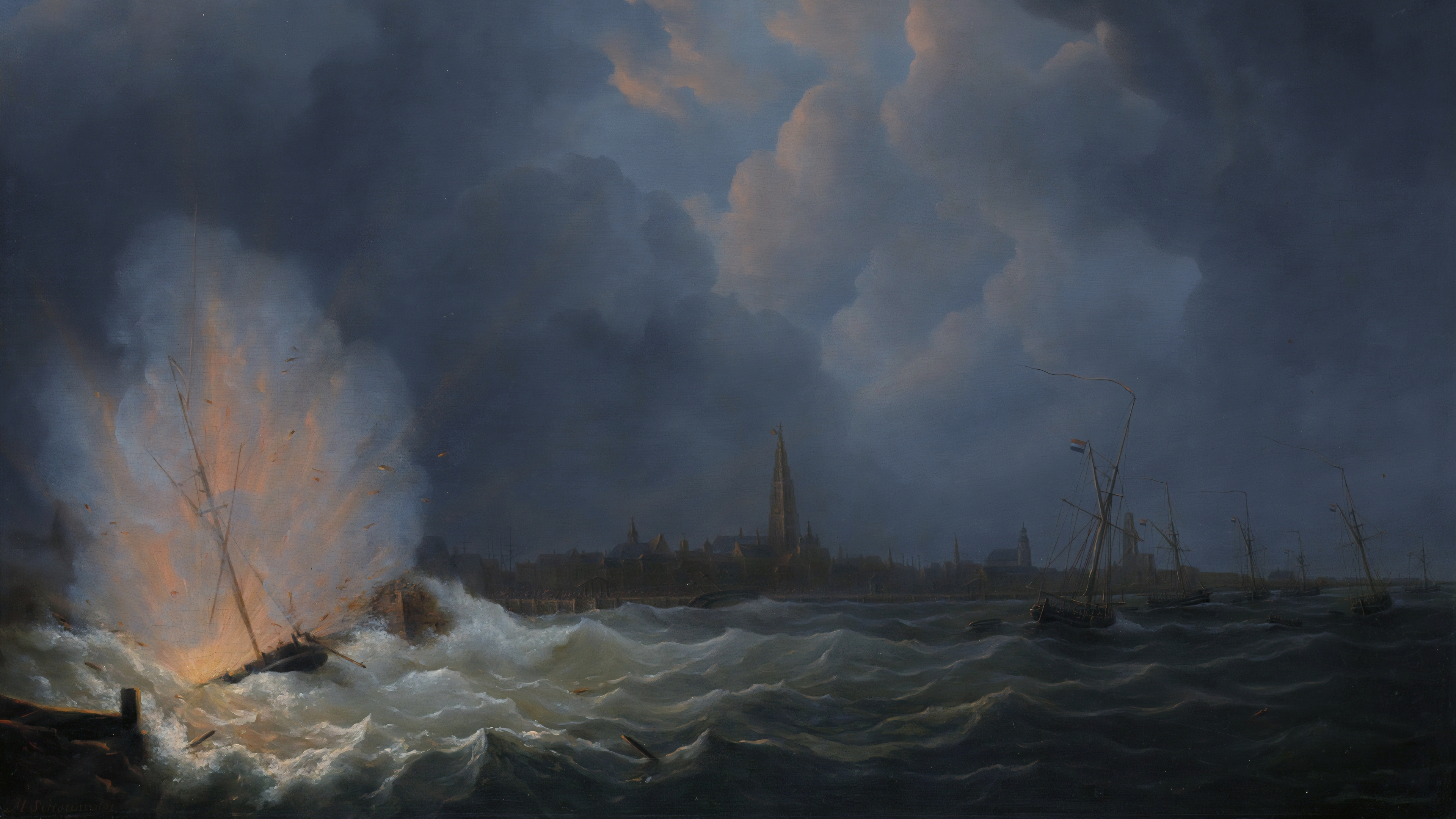 Clouds Overcast Explosion Ship Maritime Ocean Battle Painting Sailing Ship Martinus Schouman Antwerp 3840x2160