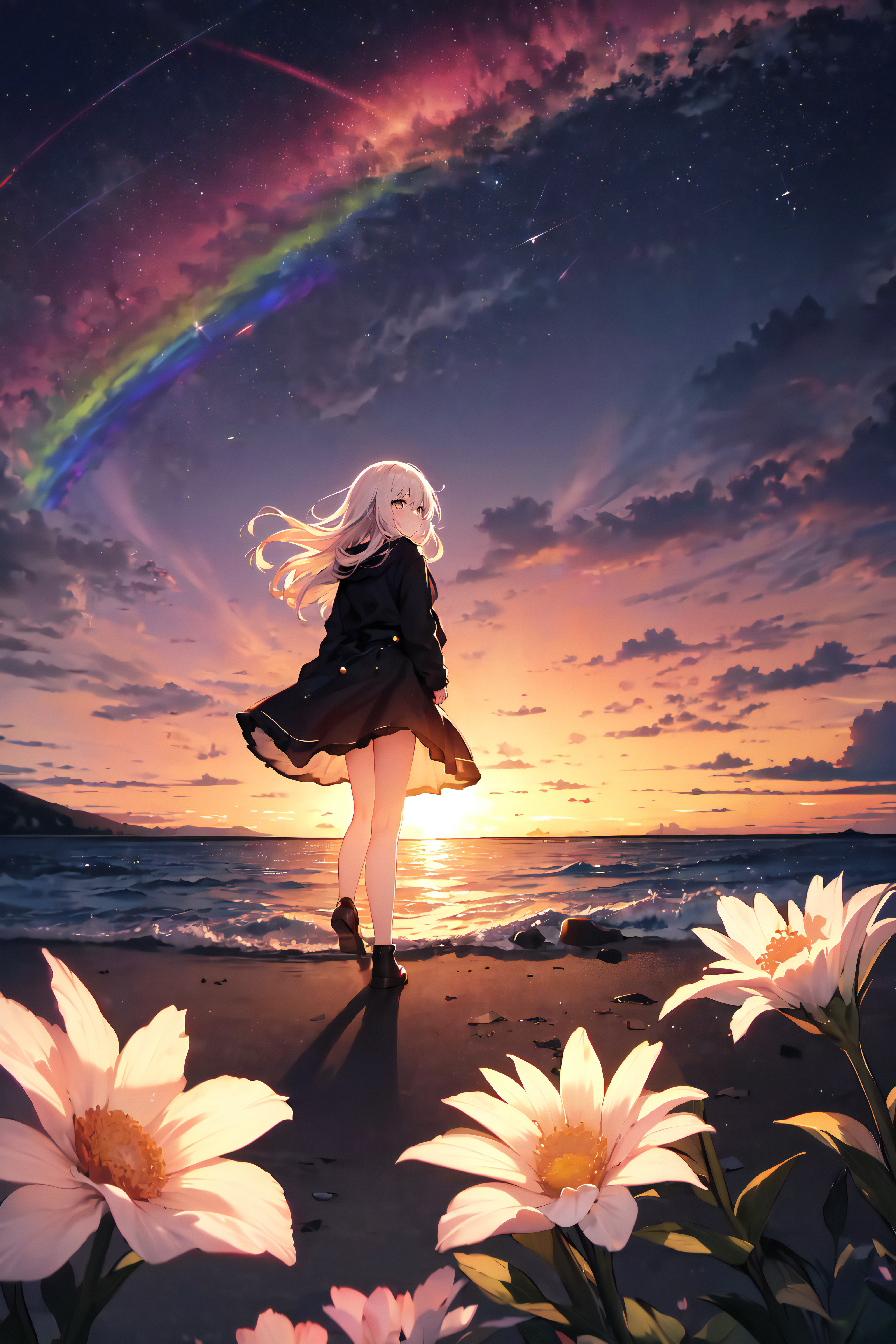 Anime Anime Girls Flowers Sunset Glow Sunset Looking Back Beach Portrait Display Rainbows Sky Clouds 4096x6144