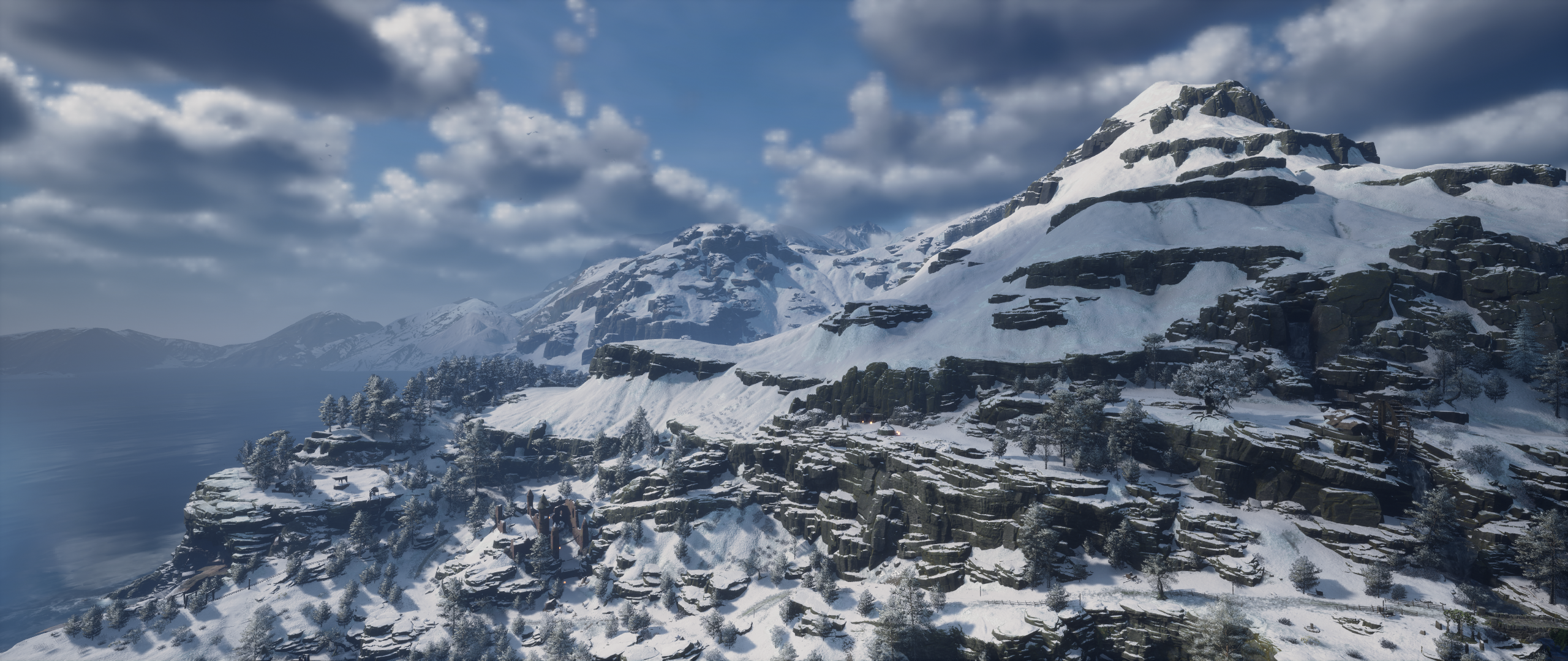 Hogwarts Hogwarts Legacy Harry Potter PC Gaming Landscape Screen Shot Avalanche Software Snow Clouds 2560x1080