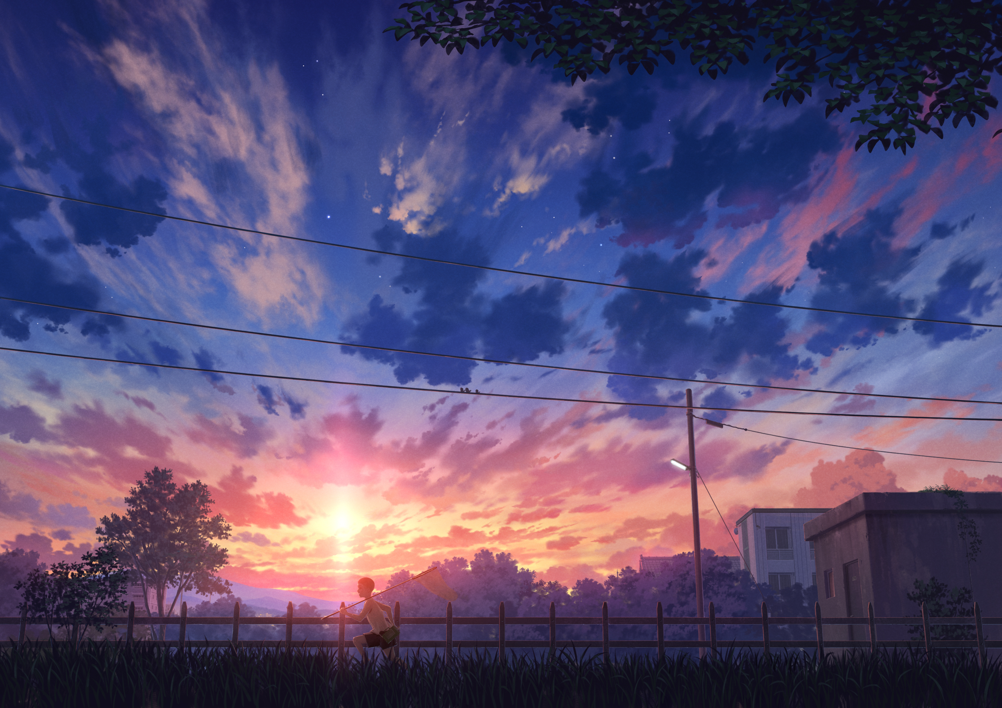 Sunset Sky Clouds Sunset Glow Anime Boys Outdoors Starred Sky Running Street Light Pei Sumurai Twili 3508x2480