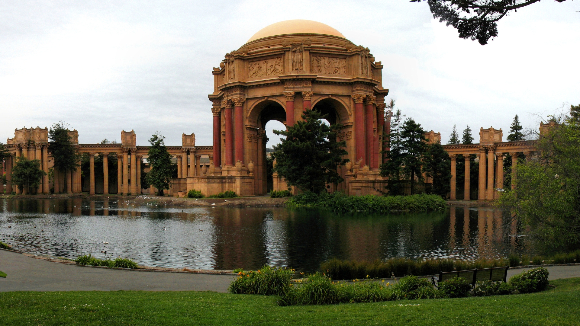 Architecture San Francisco California USA Palace Of Fine Arts Water Lake Trees Grass Sky Clouds Buil 1920x1080