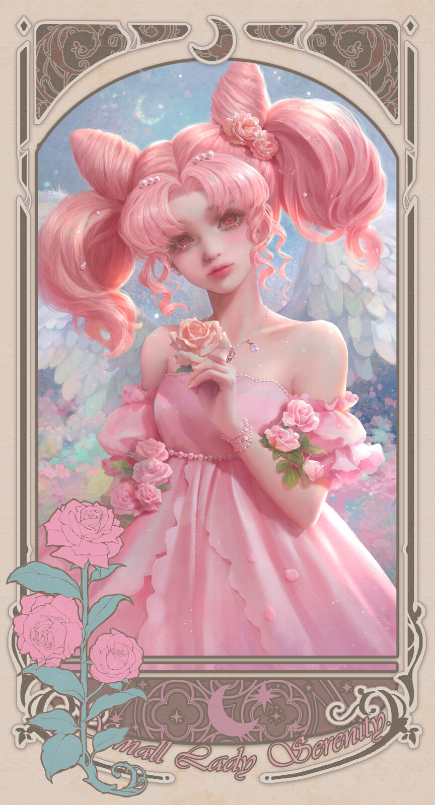 Sunmomo Drawing Sailor Moon Women Pink Hair Pink Eyes Dress Flowers Frame Anime Anime Girls 864x1600