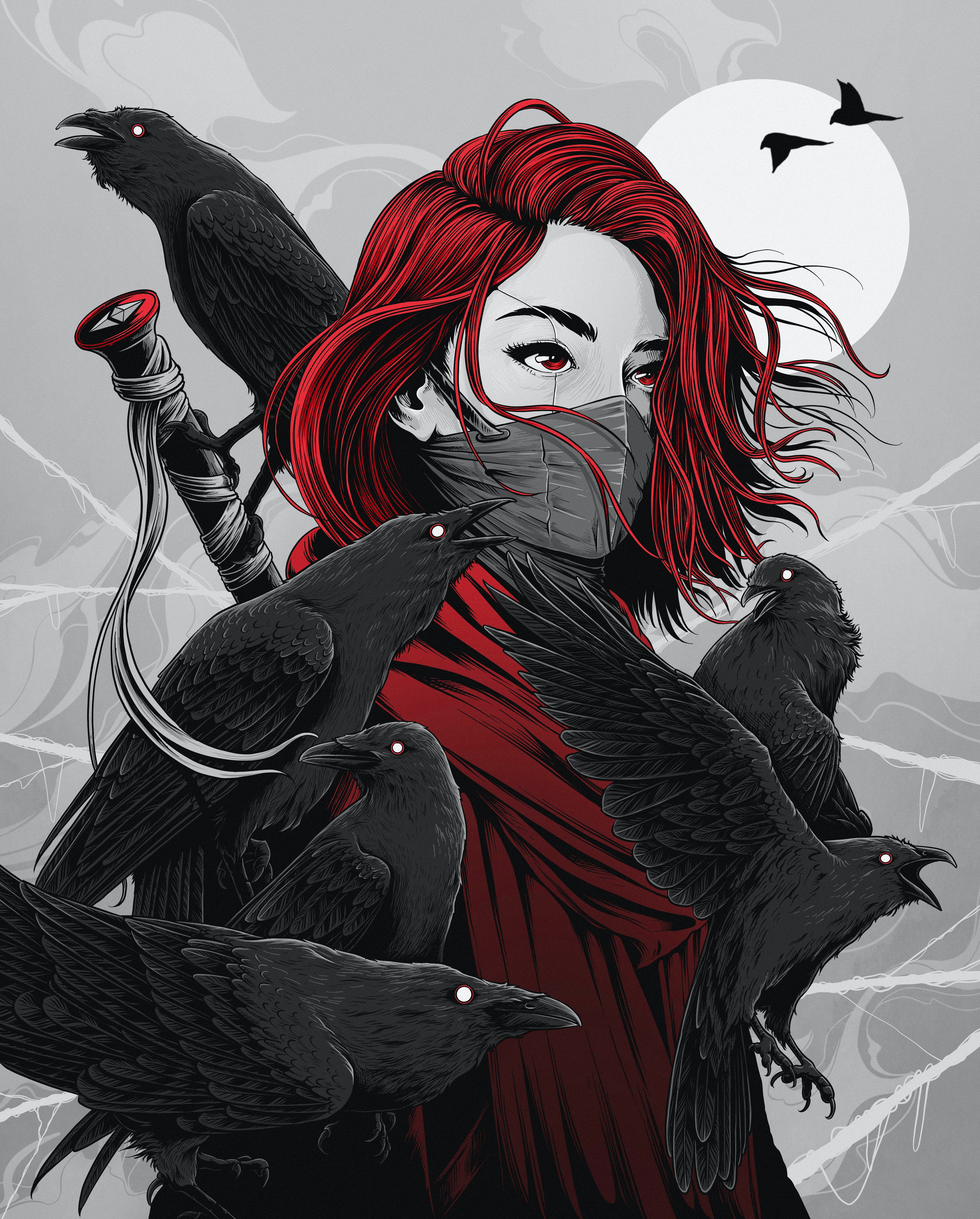 Digital Digital Art Artwork Illustration Drawing Portrait Red Women Raven Abstract Birds Mask 3700x4600