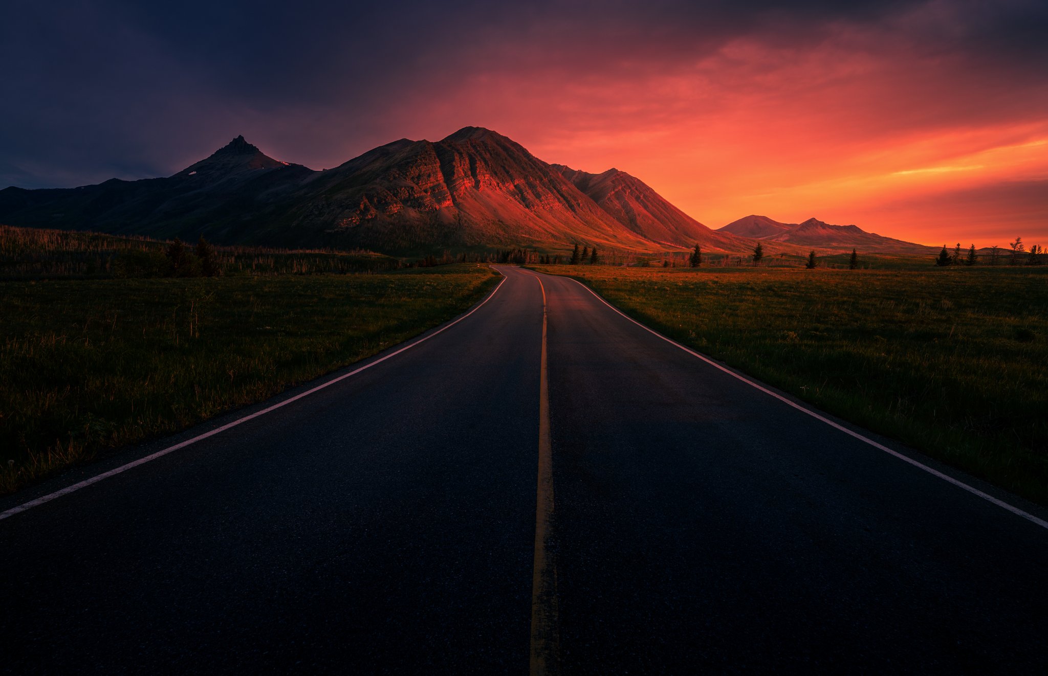 Landscape Nature Road Mountains Sky Clouds Sunset Sunrise Trees Grass 2048x1322