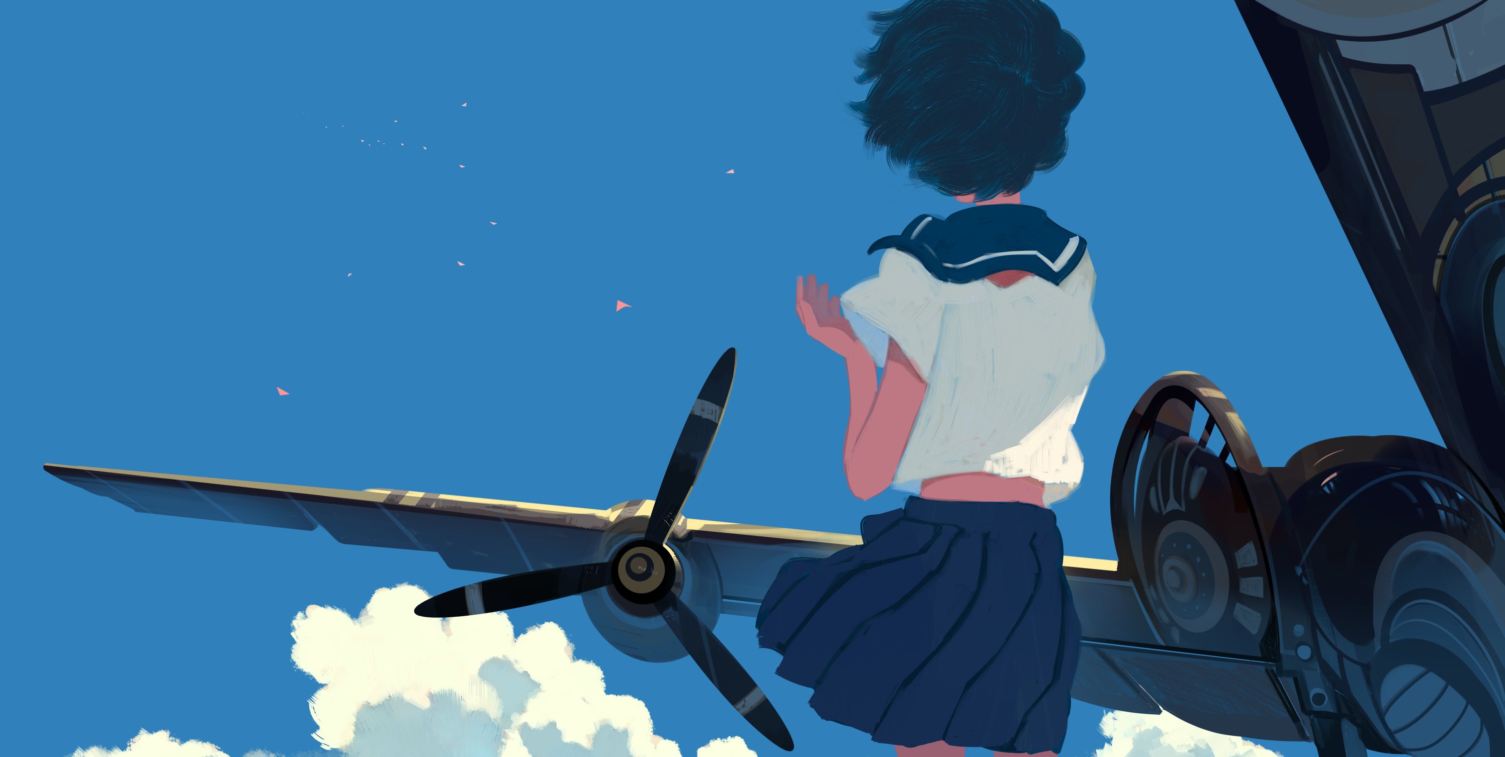 Anime Girls Cloak And Dagger Airships Flying Short Hair School Uniform Digital Art Digital Painting  2993x1506