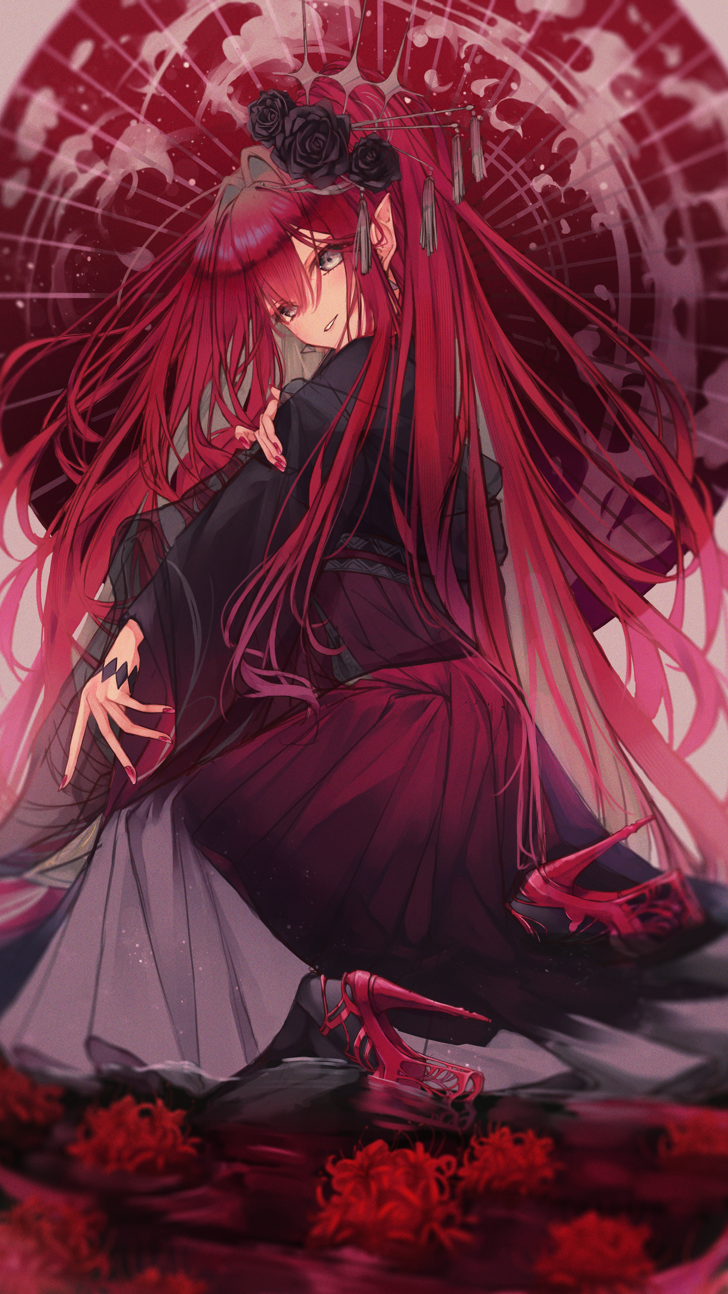 Fate Series Fate Grand Order Baobhan Sith Anime Girls Redhead Flowers Heels Umbrella Pointy Ears 2480x4409