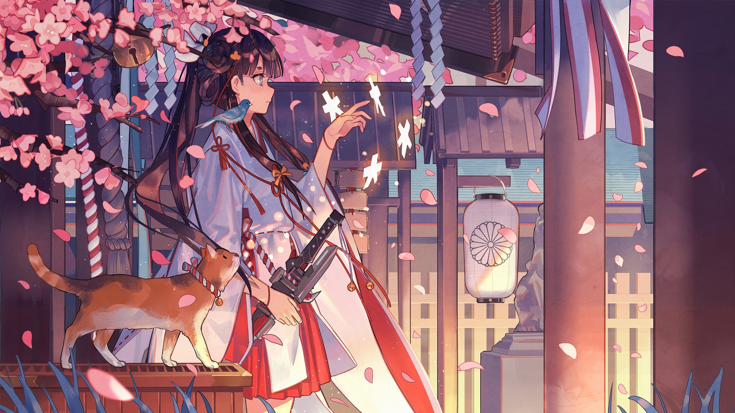 Anime Anime Girls Cats Birds Petals Animals Flowers Profile Side View Japanese Clothes Miko 2560x1440