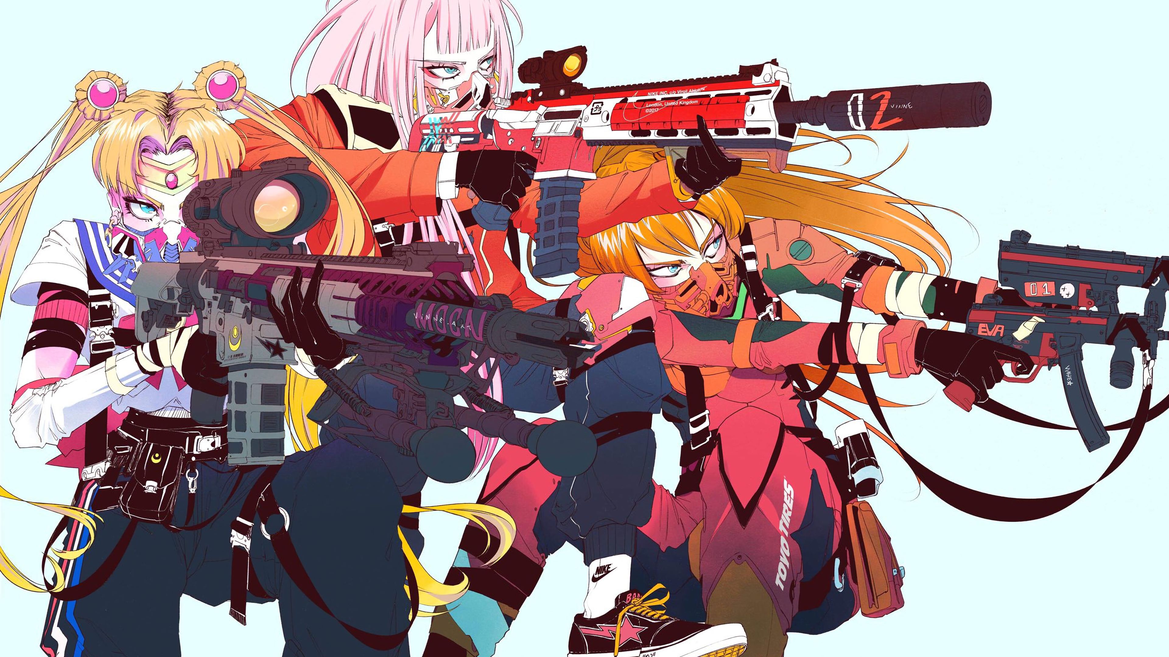 Zero Two Darling In The FranXX Asuka Langley Soryu Tsukino Usagi Gun Anime Girls Crossover Gas Masks 3840x2160