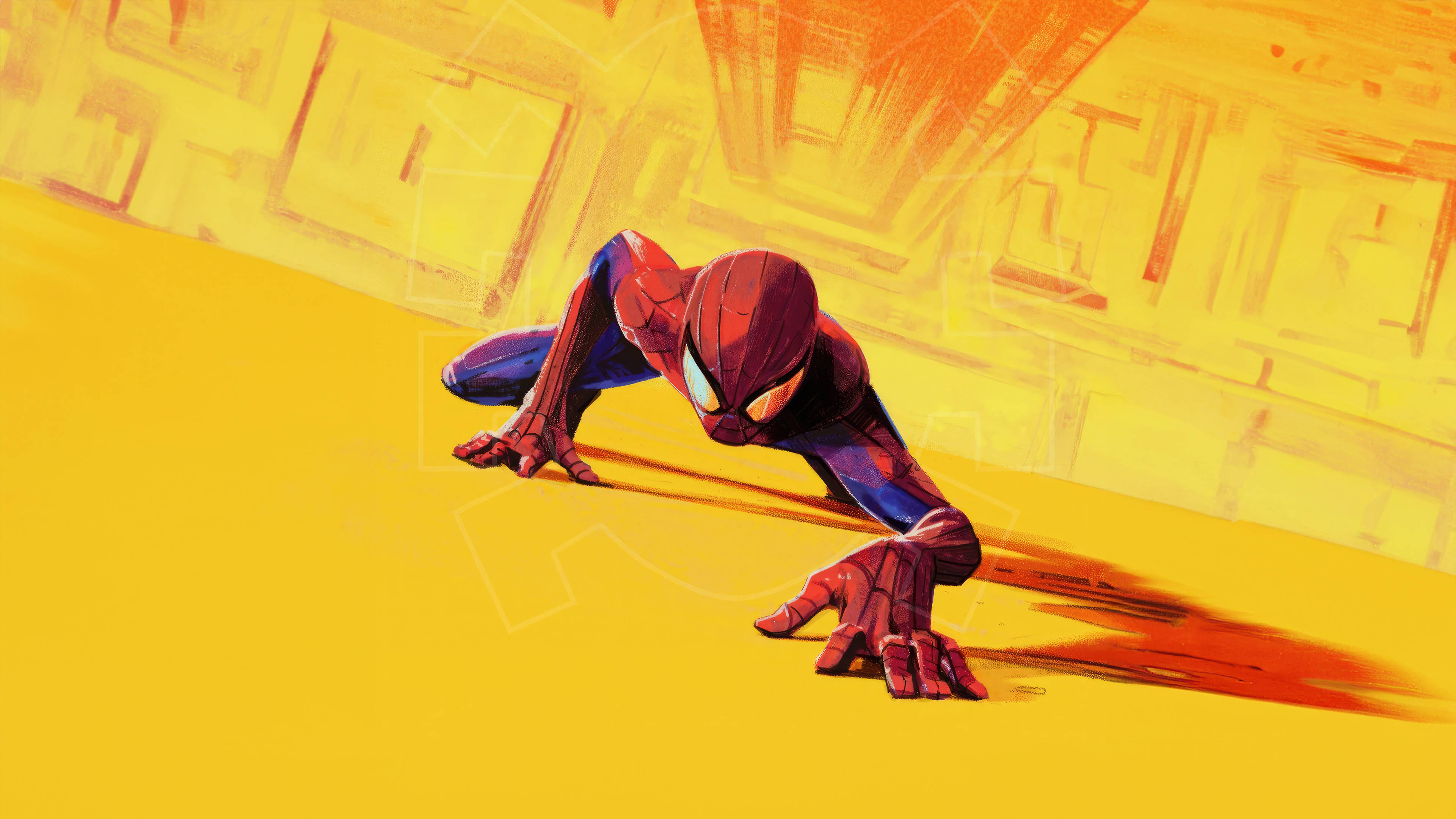 Digital Art Artwork Illustration Yellow Minimalism Spider Man Marvel Comics City 4K Aerial View Supe 3840x2160