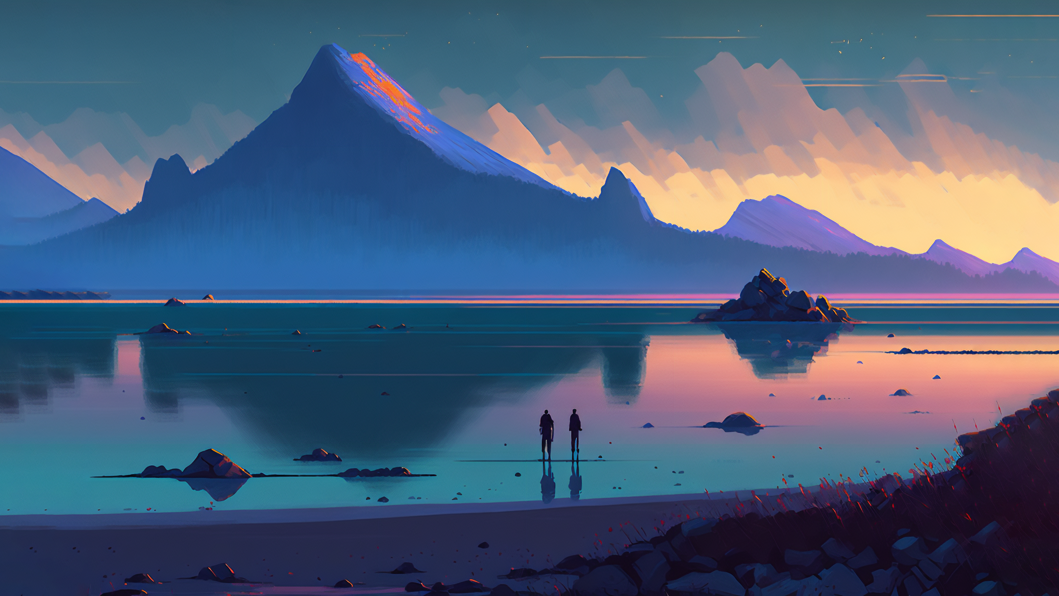 Ai Art Mountains Illustration Couple Lake Water Reflection 3640x2048