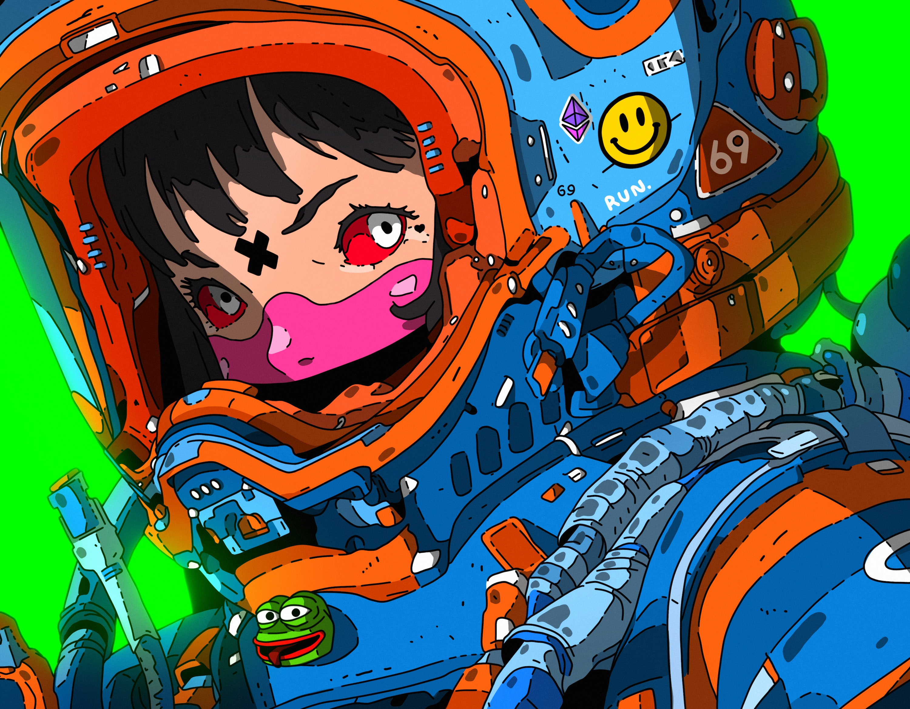 Digital Art Artwork Illustration Women Colorful Helmet Spacesuit Stickers Pepe Meme 3000x2338