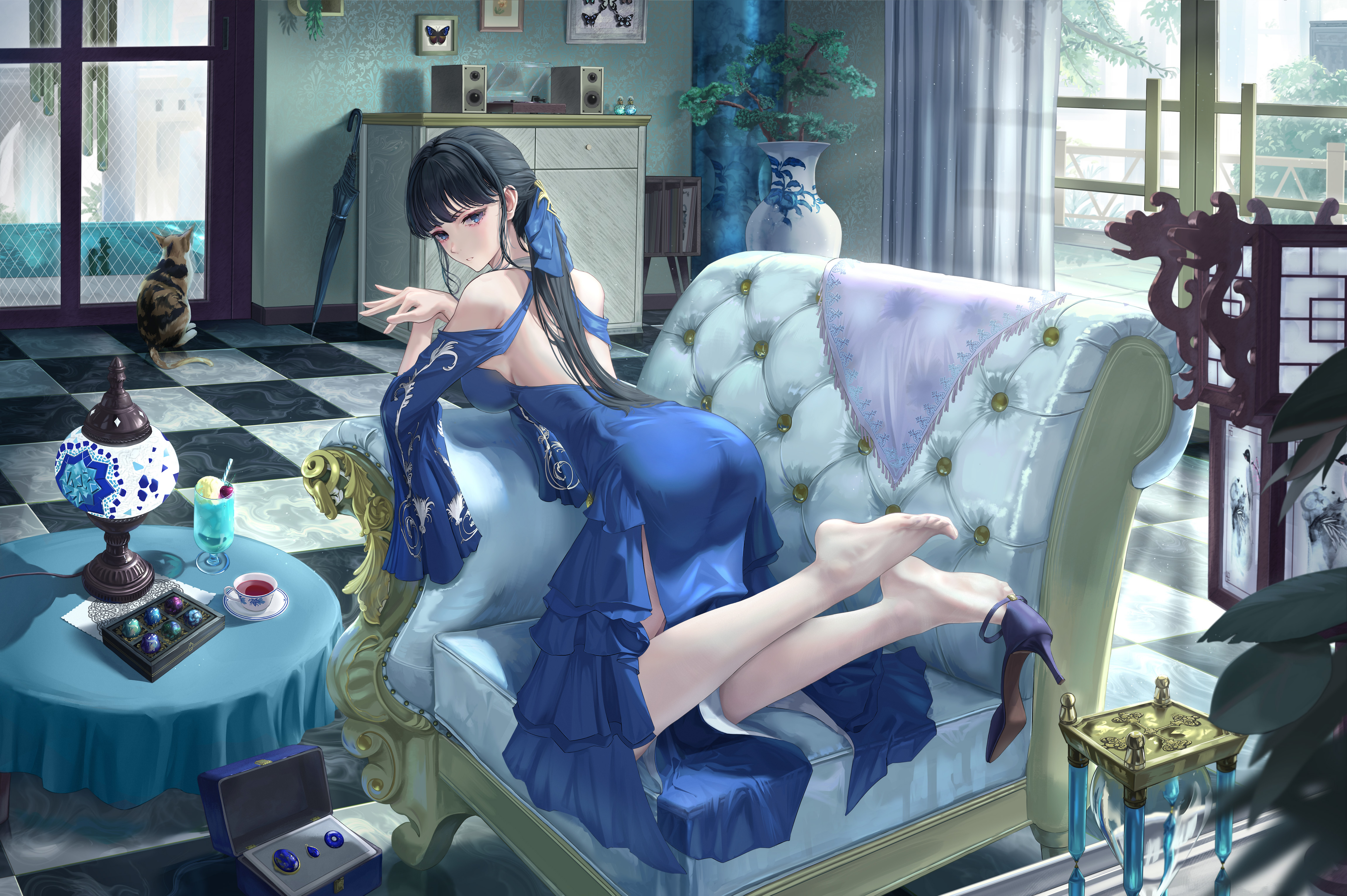 Anime Pixiv Dress Anime Girls Heels Long Hair Couch Drink Cup Candy Jewelry Looking At Viewer Leaves 4599x3060