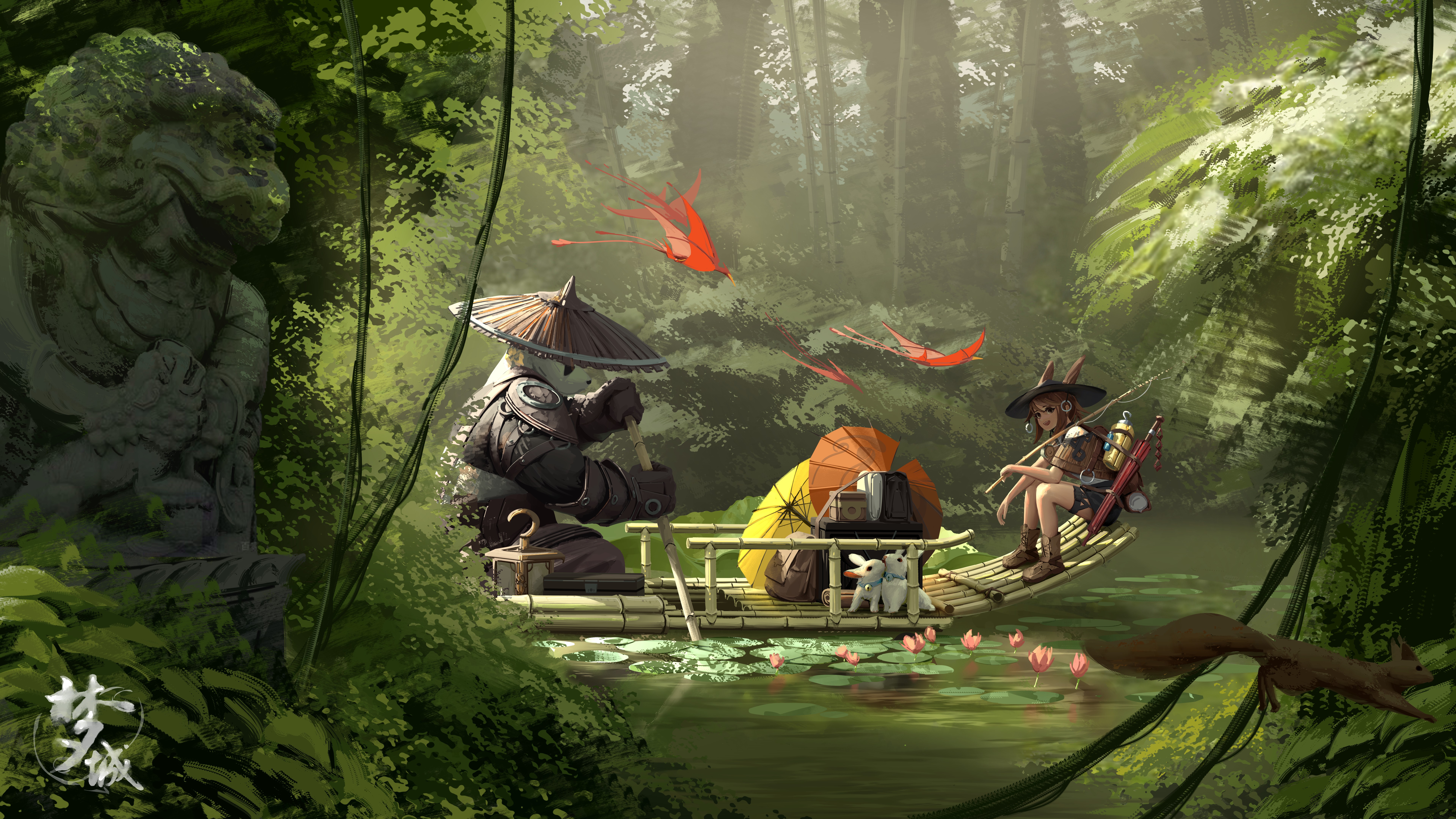Artwork Kan Liu Panda Rabbits Anime Girls Umbrella Water 7680x4320