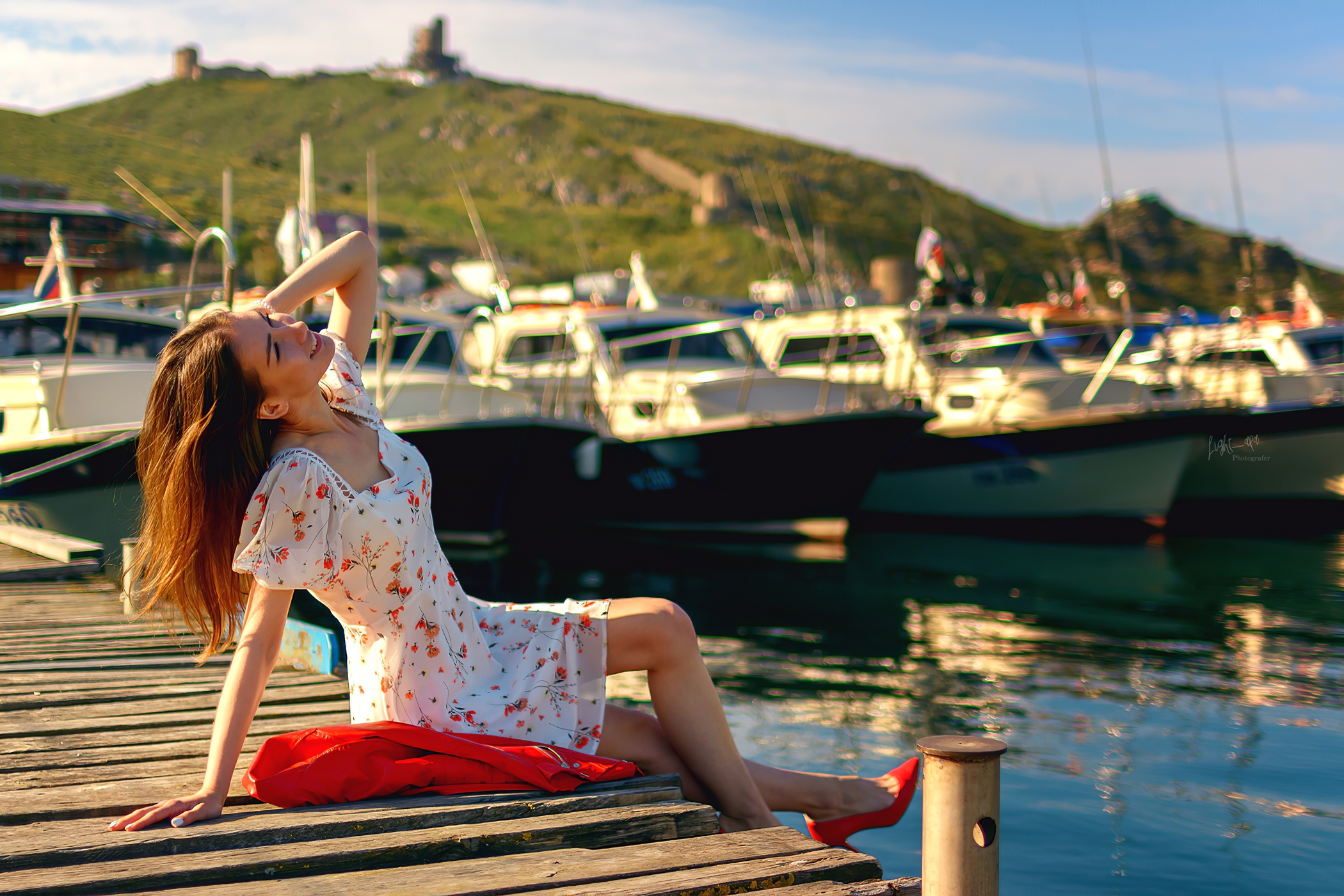 Women Model Brunette Women Outdoors Bay Dress Red Shoes Hills Sky Clouds Sitting Boat Smiling White  2100x1400