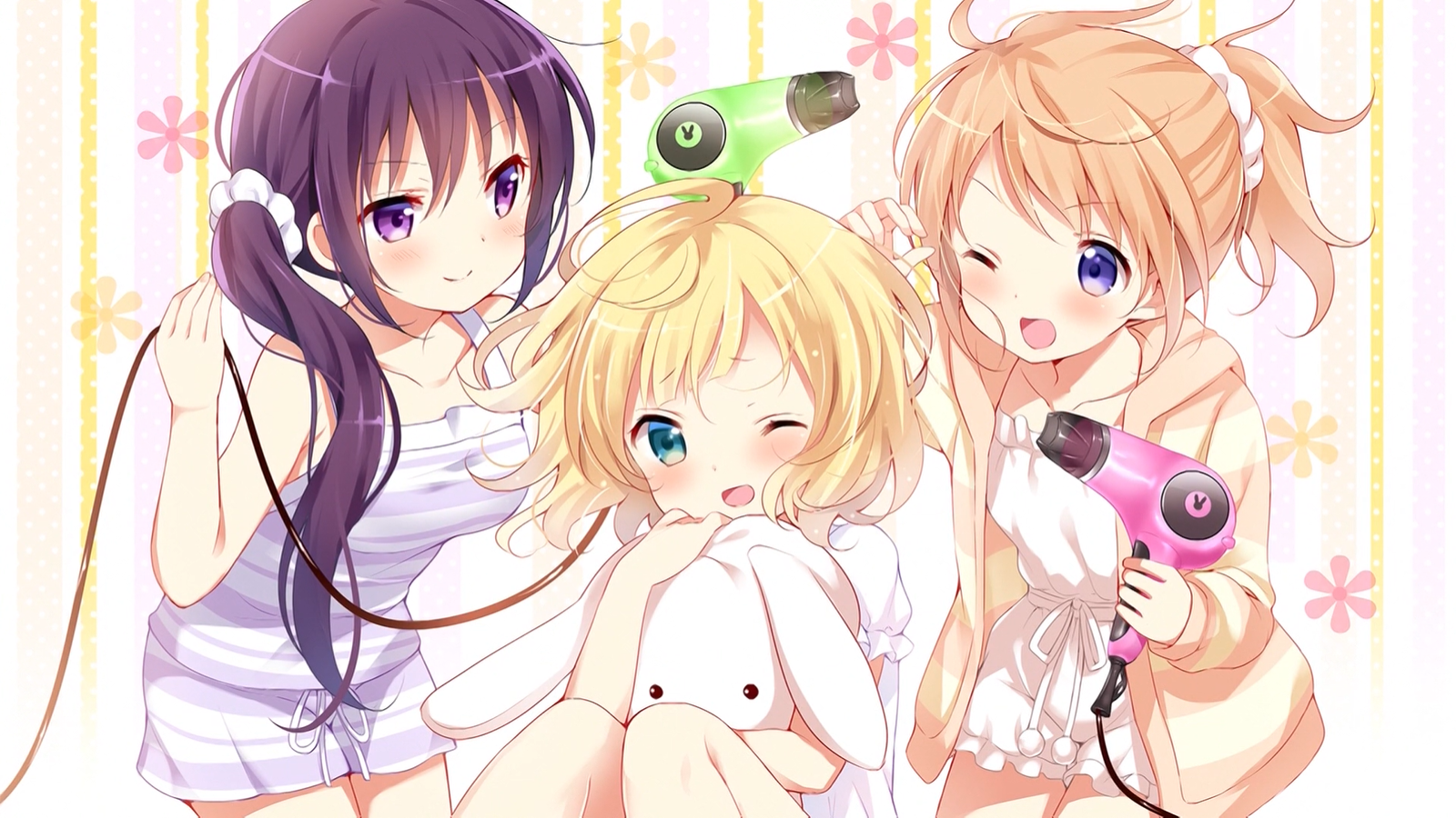 Anime Anime Girls Gochuumon Wa Usagi Desu Ka Blushing Hair Dryers One Eye Closed Long Hair Smiling P 1600x900