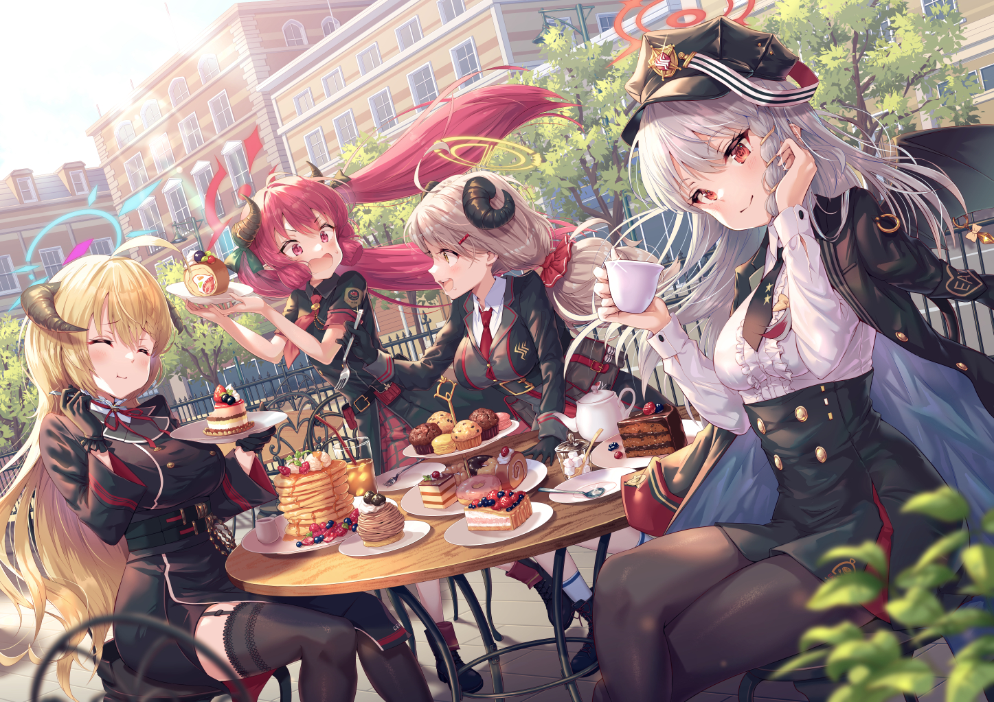 Anime Anime Girls Blue Archive Women Quartet Group Of Women Food Anime Girls Eating Eating Cake Tea  1447x1023
