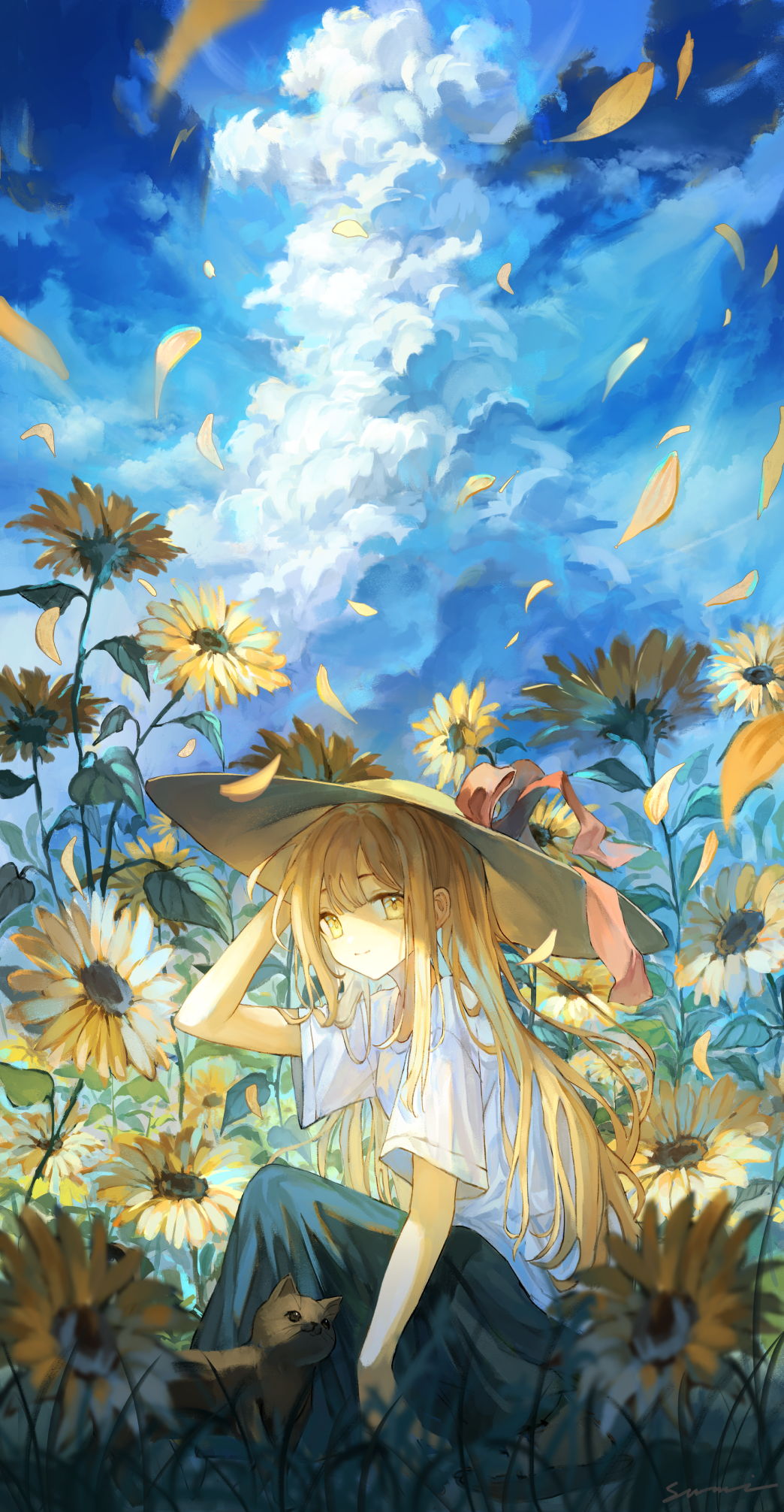 Anime Girls Portrait Display Blonde Yellow Eyes Hat Women Outdoors Long Hair Hands On Head Looking A 1044x2012