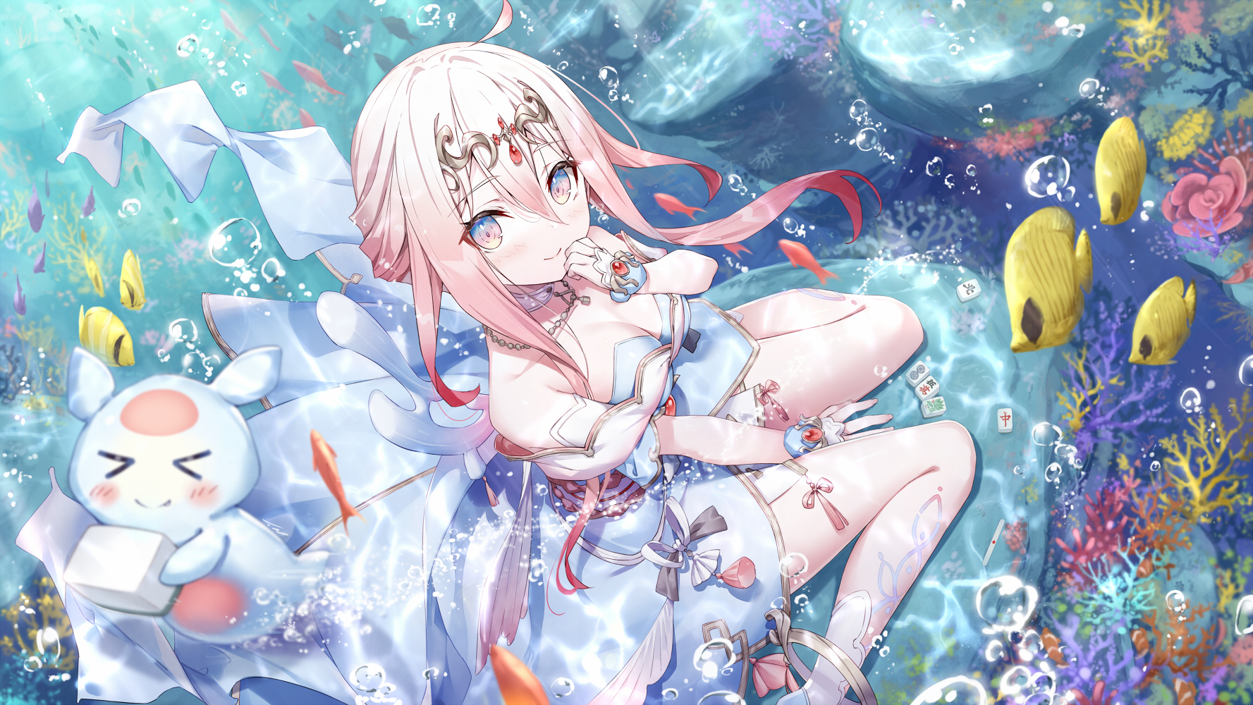Anime Anime Girls Gradient Hair Long Hair Water Underwater In Water Bubbles Looking At Viewer Smilin 1777x1000