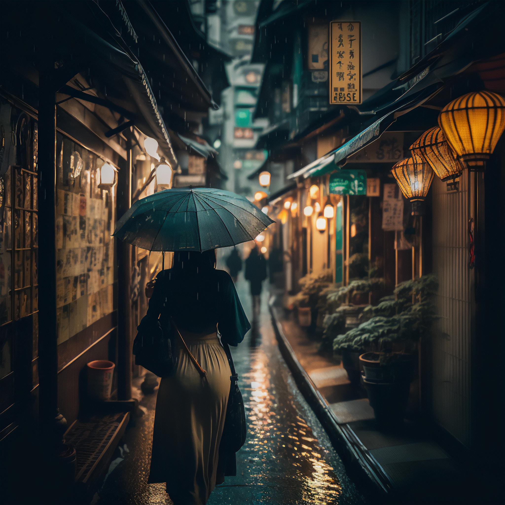 Ai Art Women Umbrella Tokyo Rain Illustration Alleyway 2048x2048