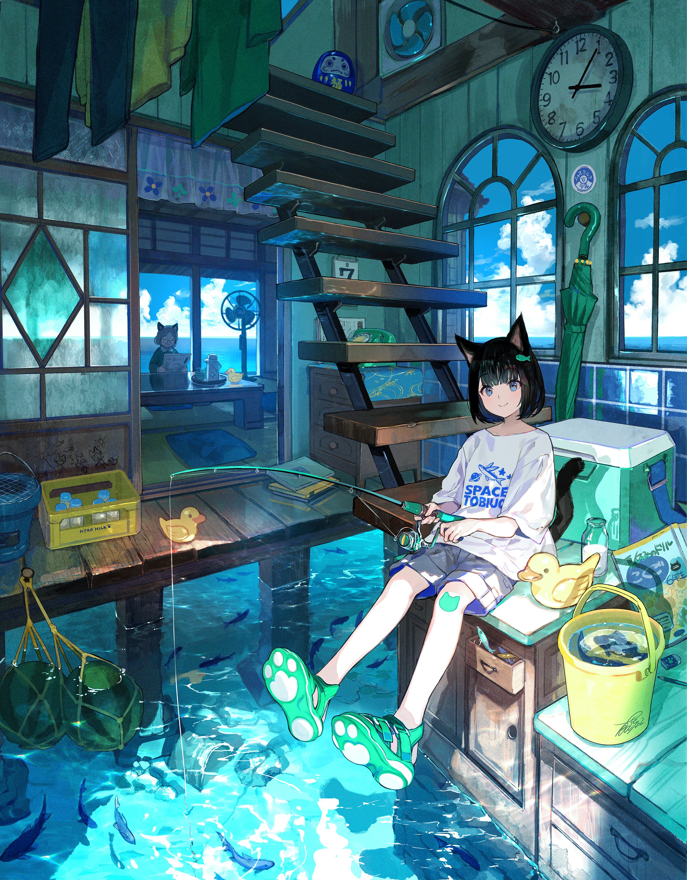 Anime Anime Girls Fuji Choko Stairs Water Cat Girl Cat Ears Cat Tail Sitting Looking At Viewer Portr 2343x3000