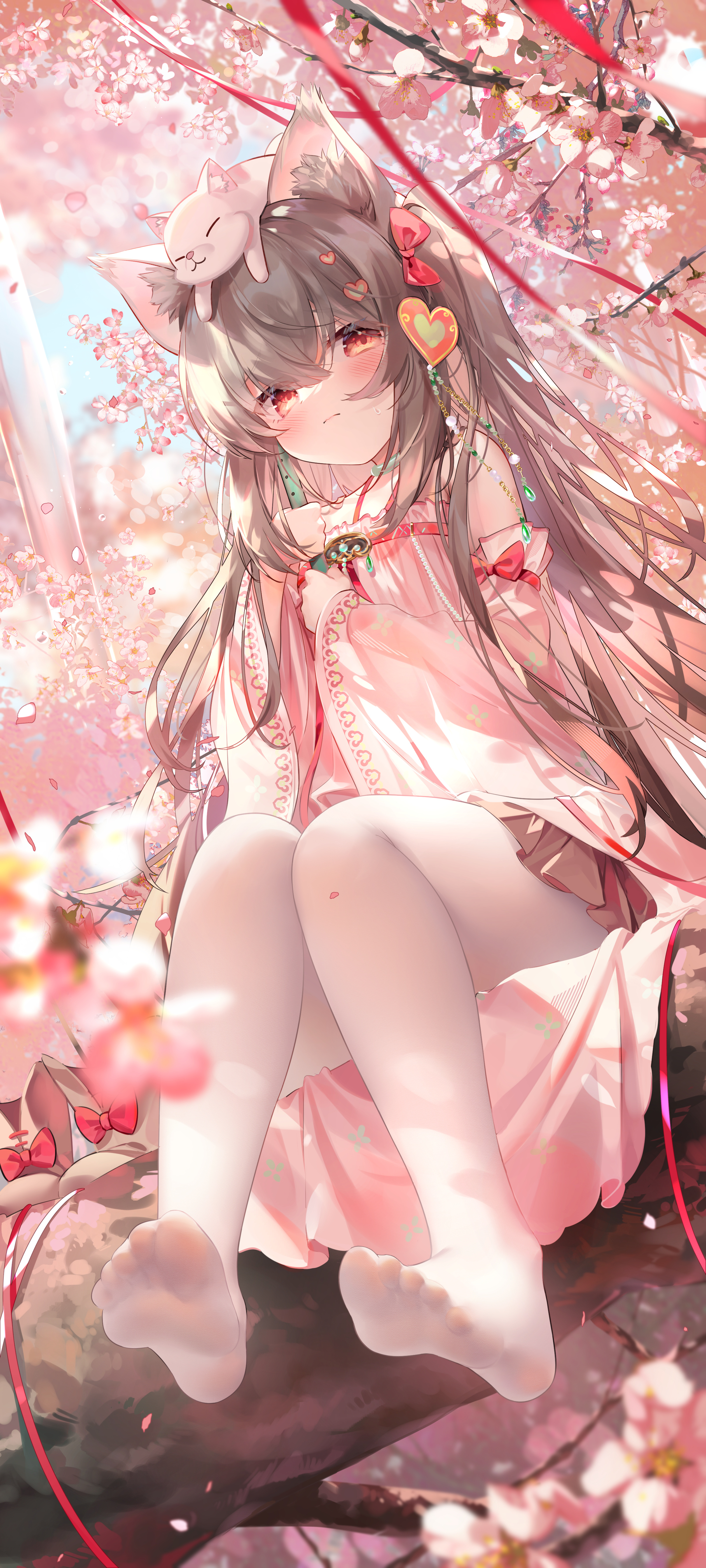 Chen Bin Anime Cats Pink Feet Cat Ears Anime Girls Flowers Petals Blushing Looking At Viewer Long Ha 2420x5374