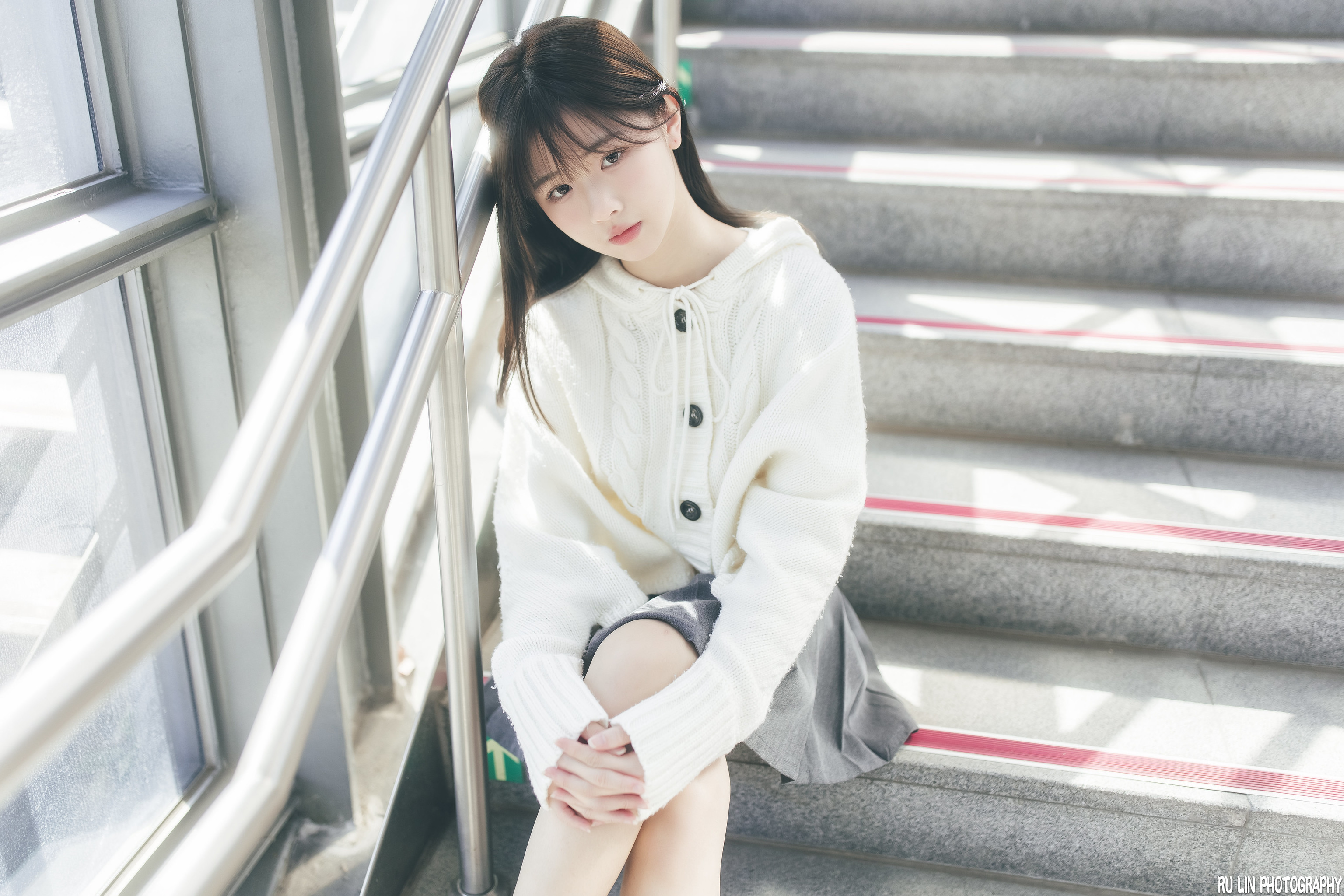 Ru Lin Women Brunette Sweater Skirt Asian Legs Crossed Resting Head Stairs 3072x2048