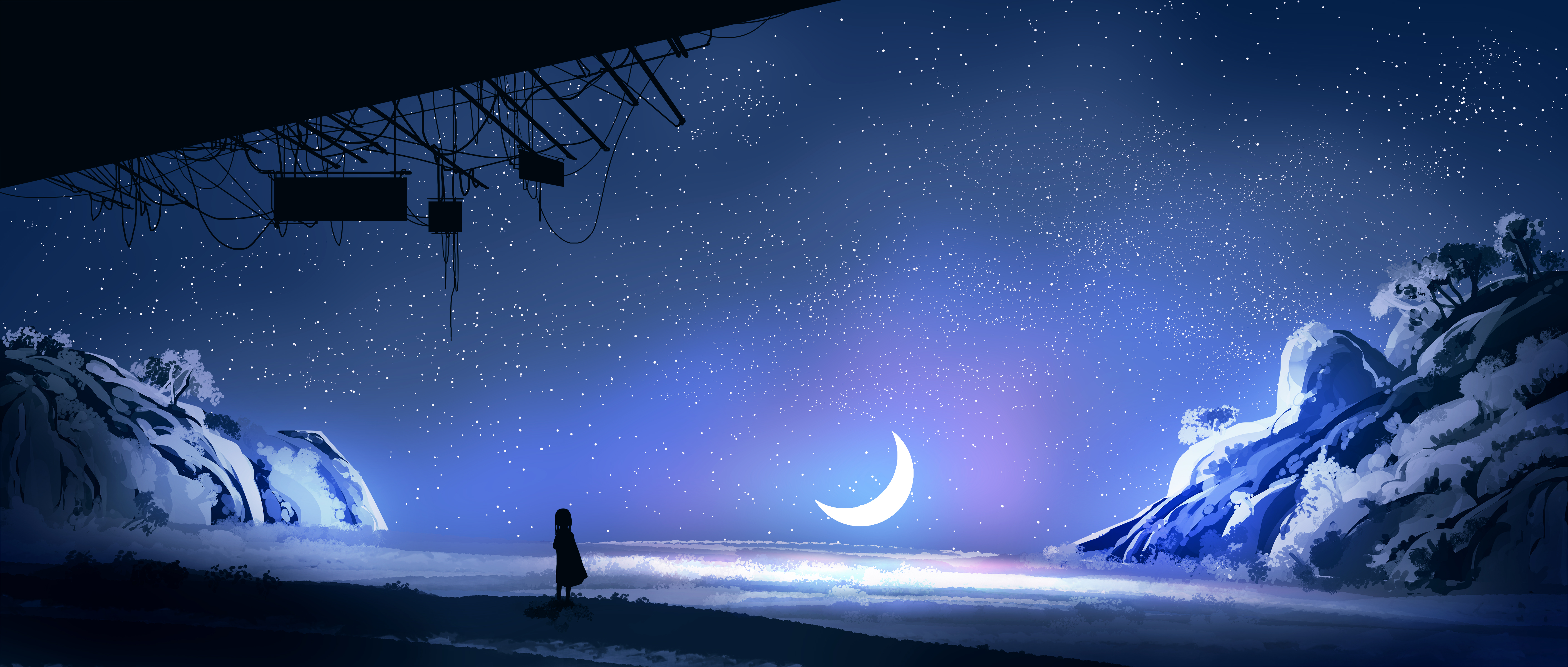 Gracile Digital Art Artwork Illustration Minimalism Night Stars Moon Nightscape Landscape Nature Sta 5640x2400