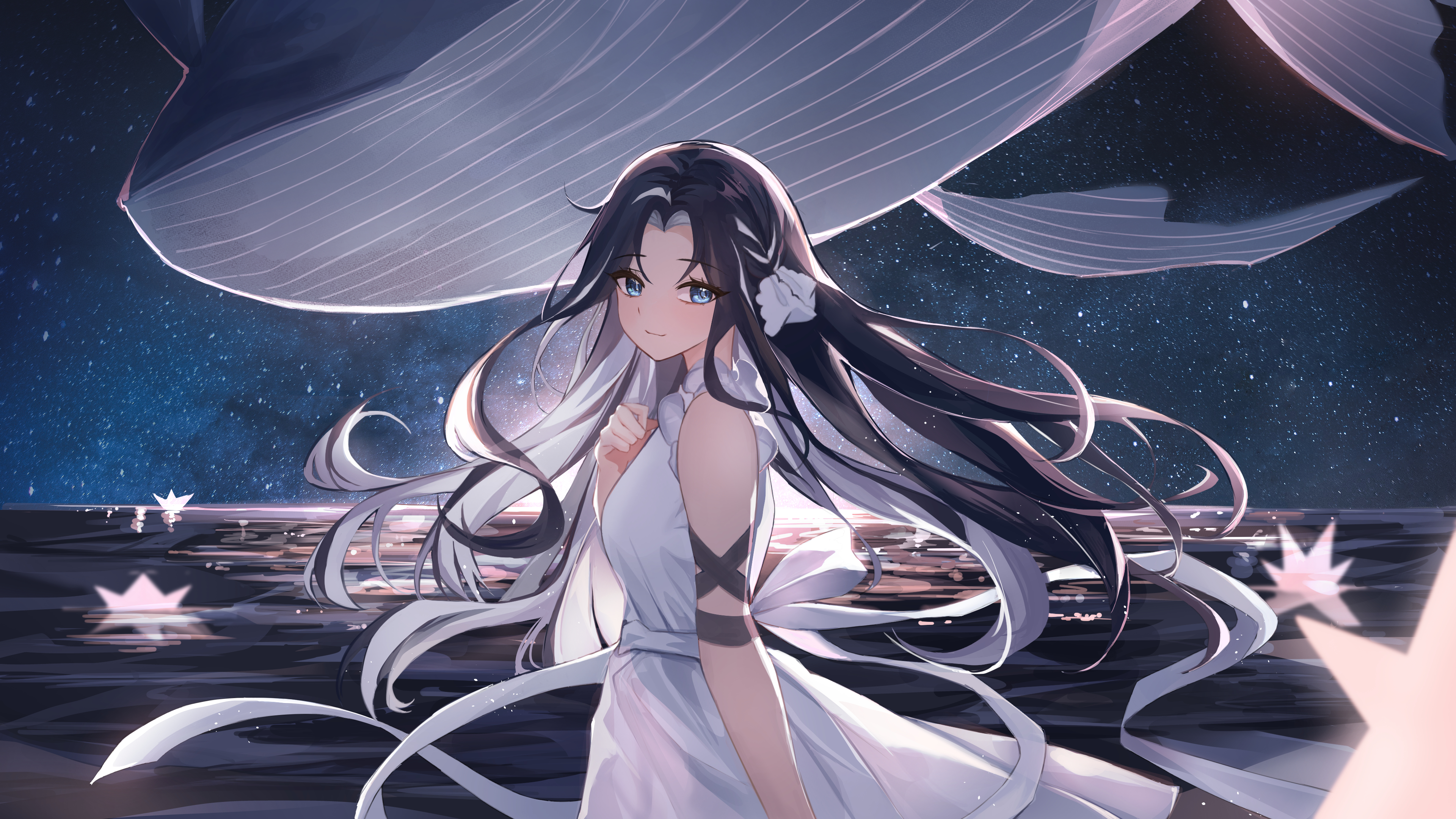 Anime Anime Girls Fish Long Hair Dress Stars Whale Smiling Looking At Viewer Water Animals 3840x2160