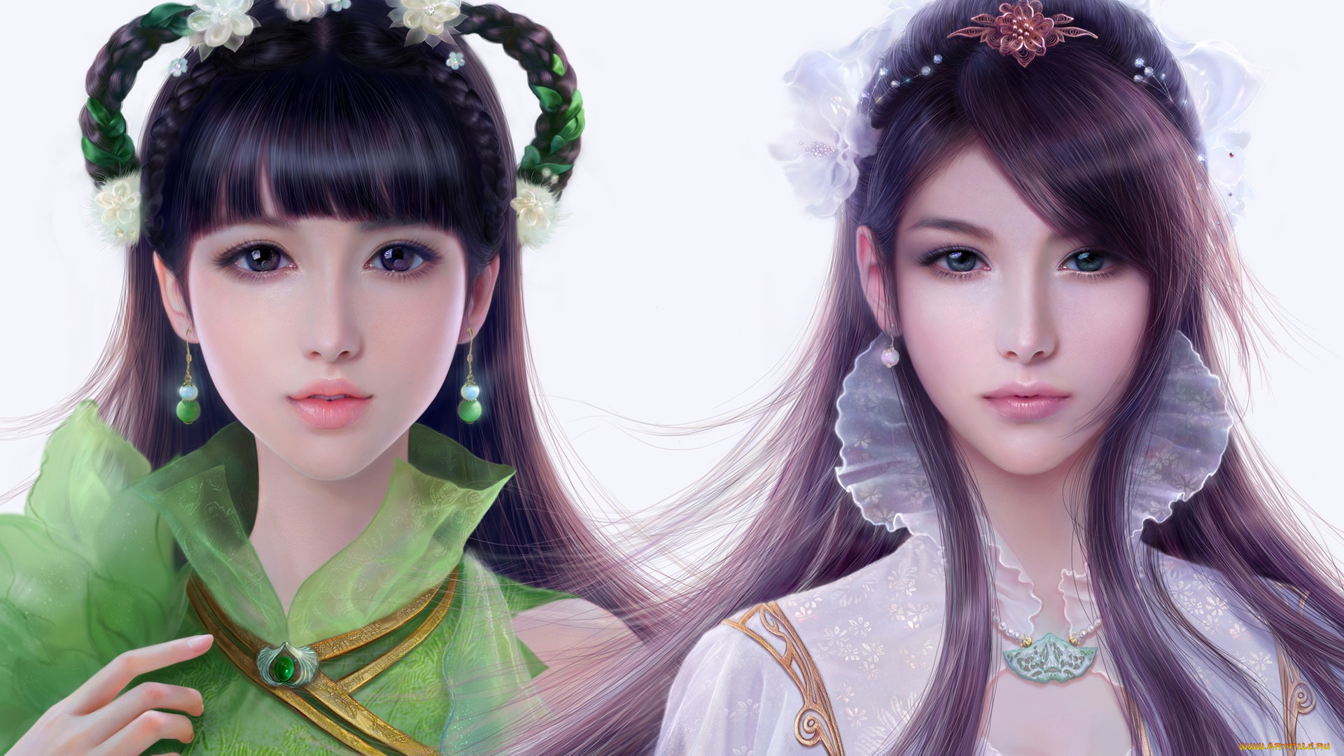 Artwork Women Two Women Asian Face Portrait Dark Hair Looking At Viewer Long Earrings White Backgrou 1920x1080
