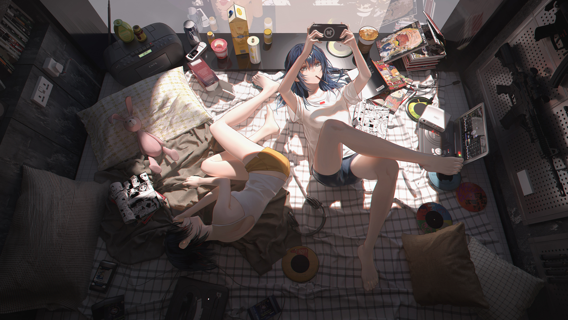 Anime Anime Girls Legs Bedroom Blue Hair PSP Teddy Bears Messy Hunter X Hunter Manga Lying On Side 1920x1080