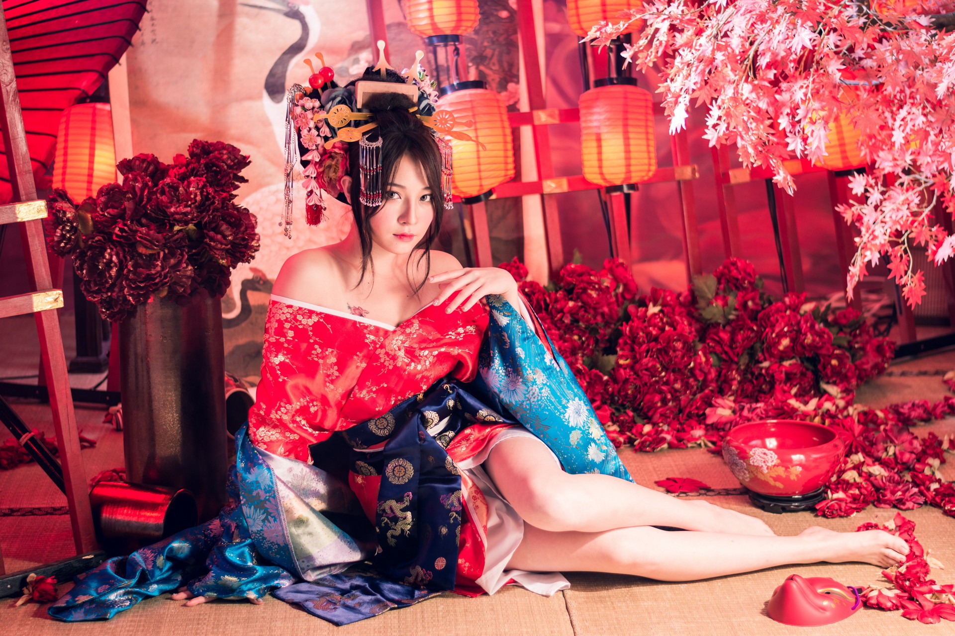 Asian Model Women Long Hair Dark Hair Tattoo Sitting Hair Ornament Barefoot Kimono Paper Lantern Che 1920x1280