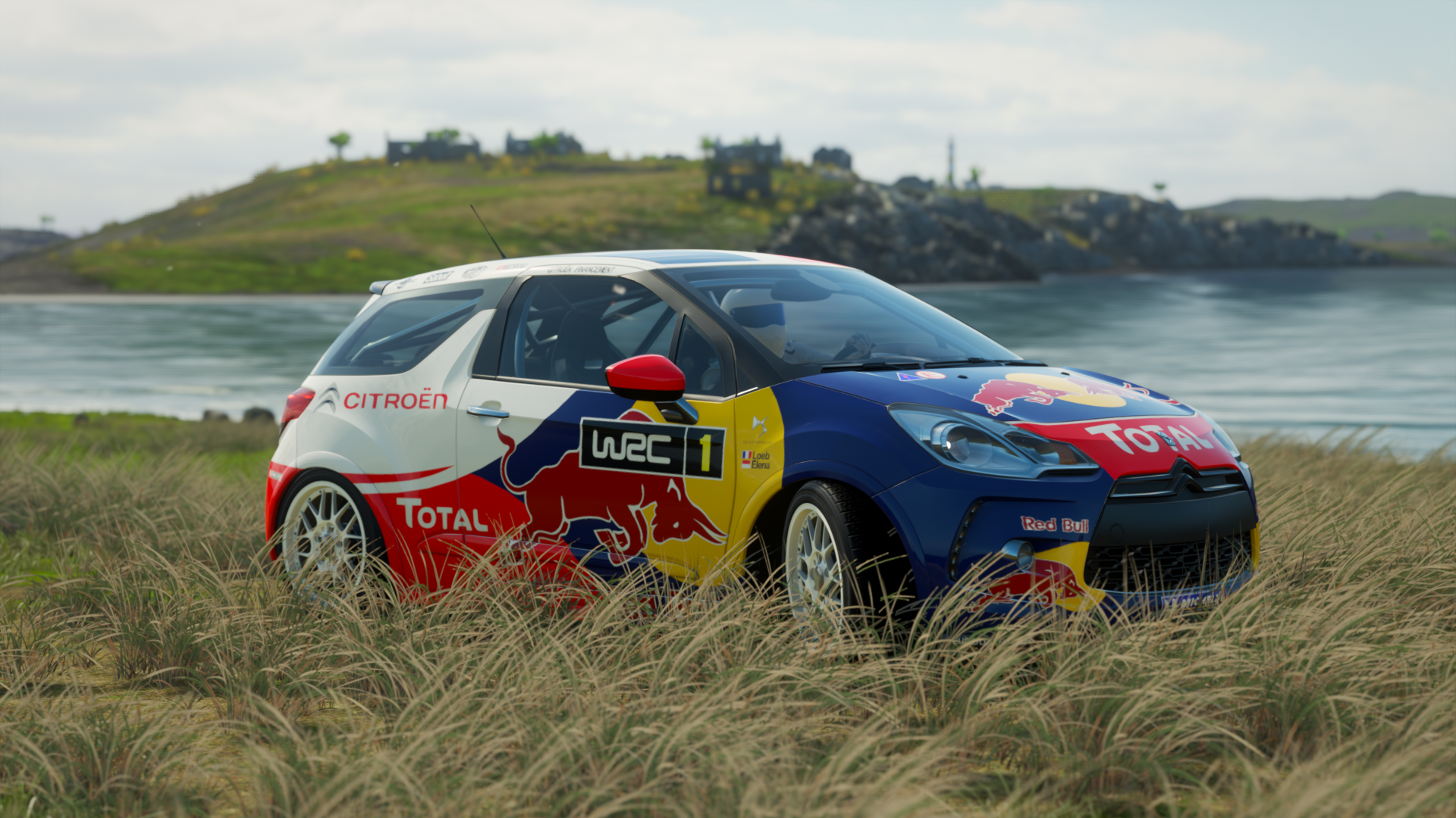 Citroen DS3 Forza Horizon 4 Rally Cars Car Front Angle View Red Bull Water Grass Video Games CGi Fre 1920x1080
