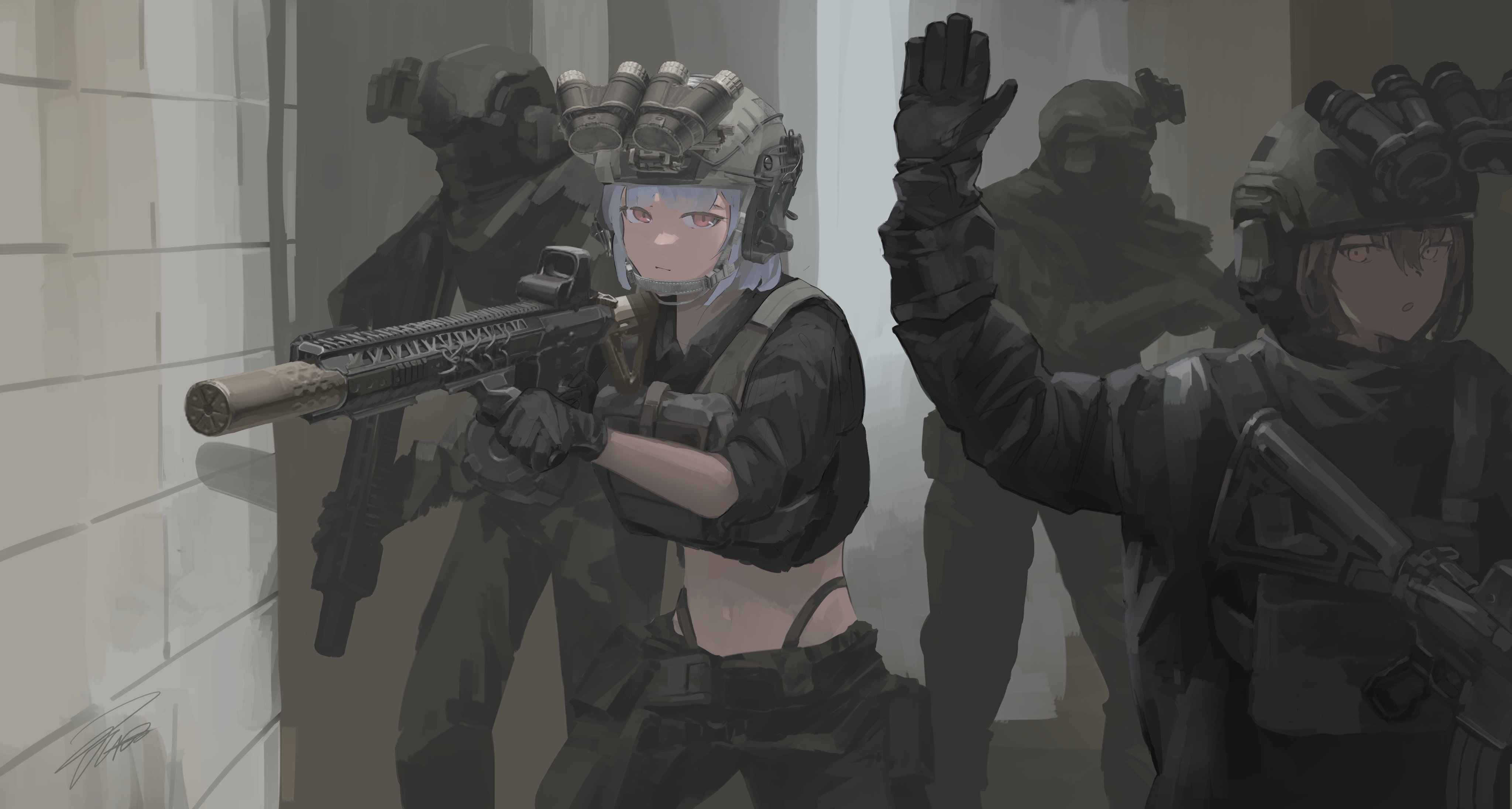 Anime Girls Anime Girls With Guns Special Forces Night Vision Goggles Gun Gloves Helmet Uniform Look 4096x2192